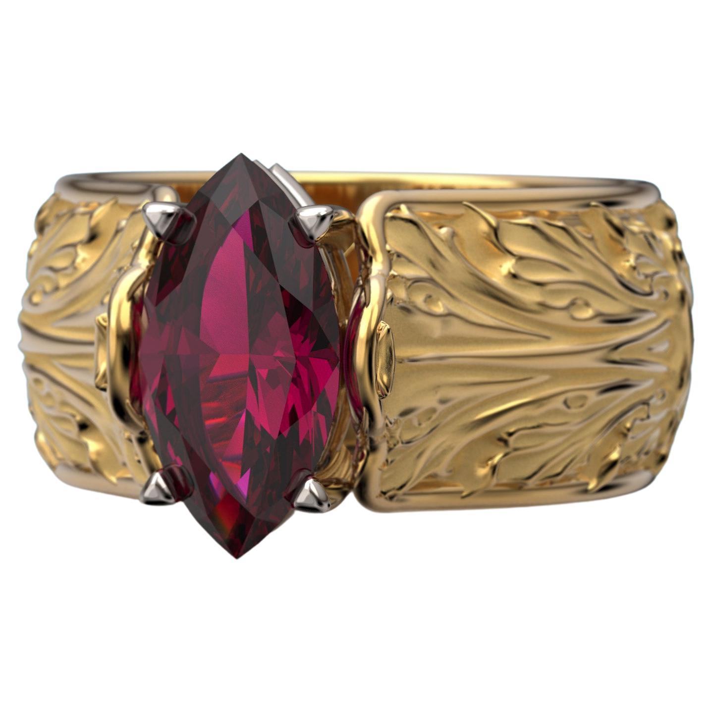 Bague baroque en or 14 carats avec grenat rhodolite naturel, bijouterie d'art italienne