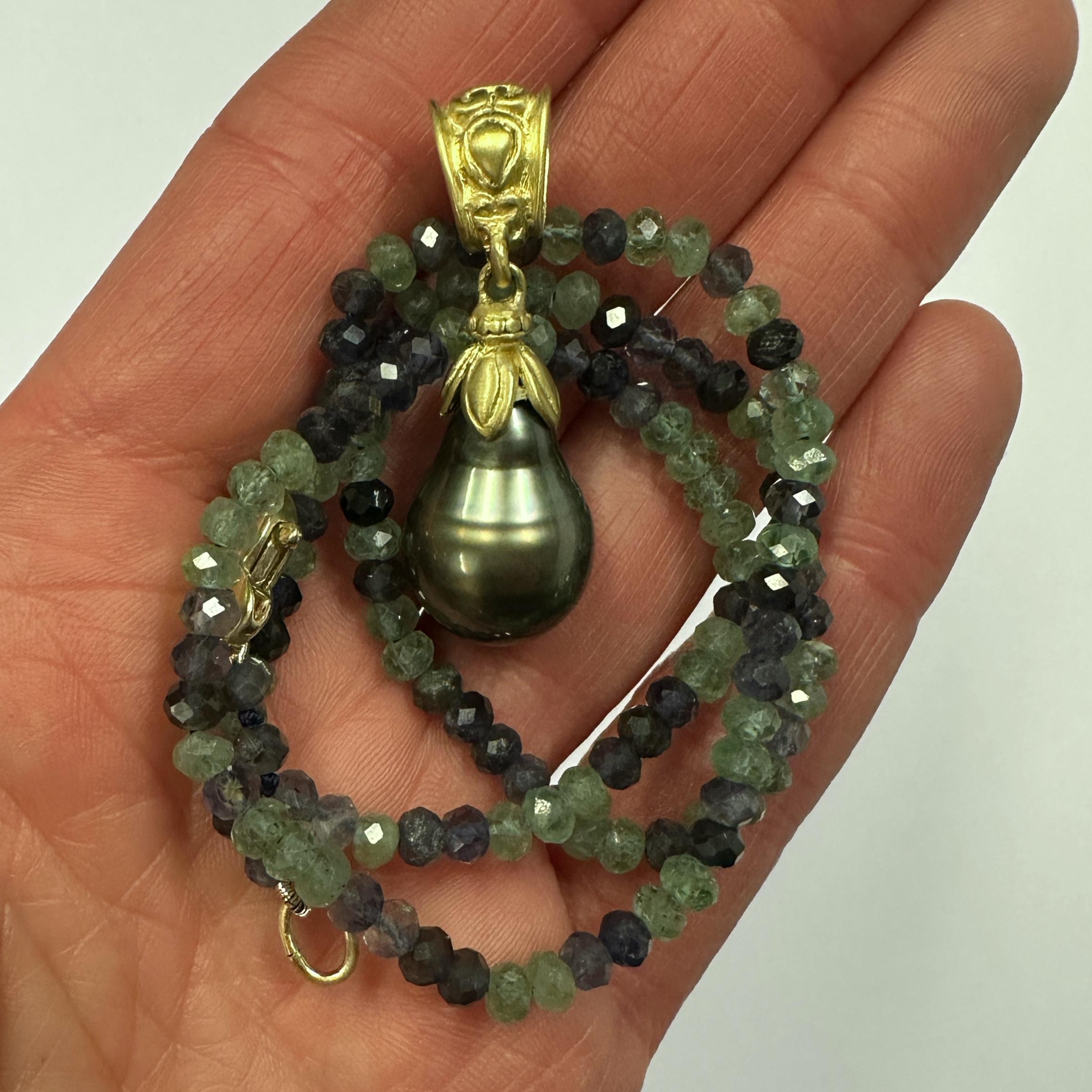 Two-Piece 18K Gold & 14mm Baroque Tahitian Pearl Pendant on Apatite/Iolite Chain For Sale 1