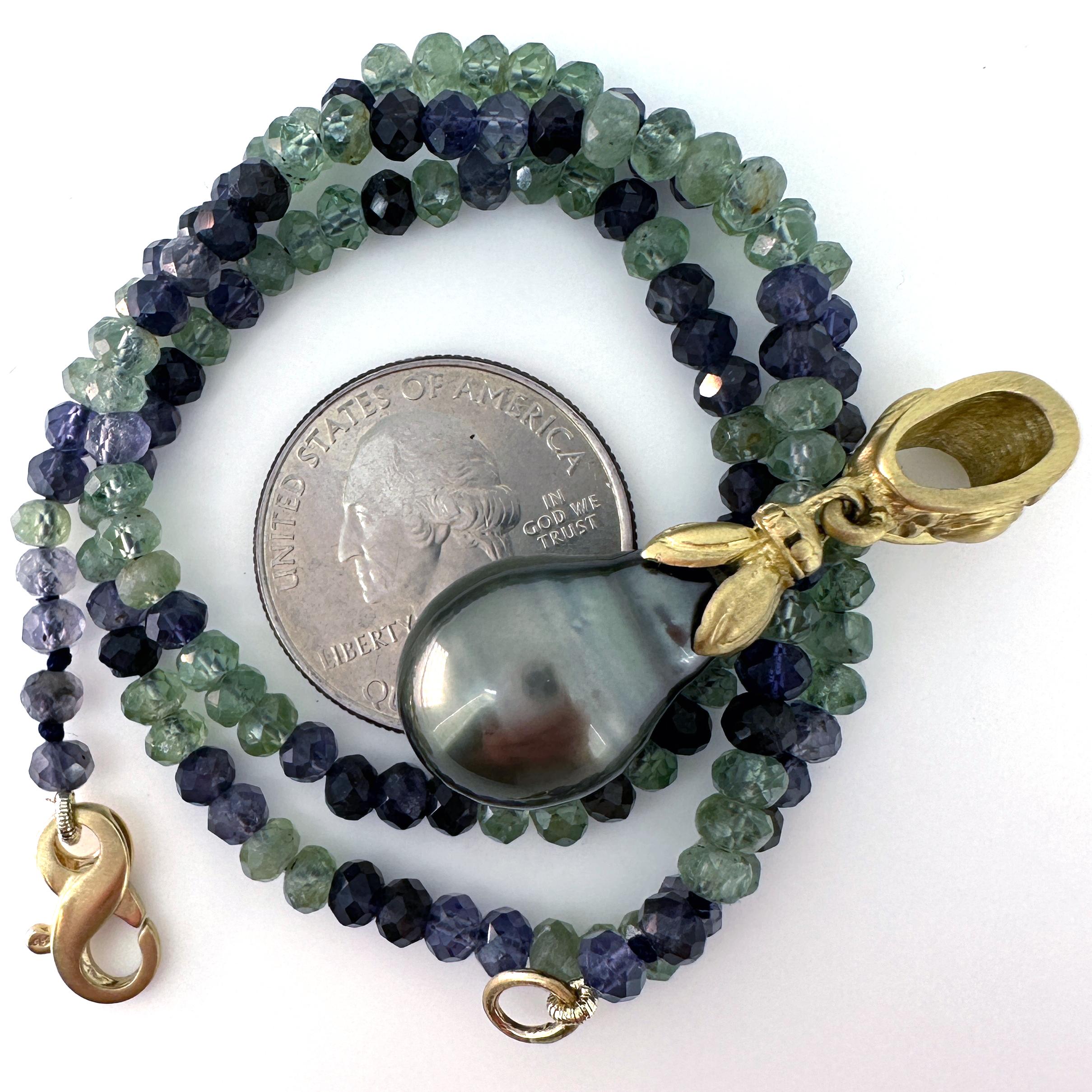 Two-Piece 18K Gold & 14mm Baroque Tahitian Pearl Pendant on Apatite/Iolite Chain For Sale 2