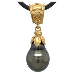 14mm Baroque Genuine Tahitian Black Pearl Pendant or Fob in 18 Karat Yellow Gold