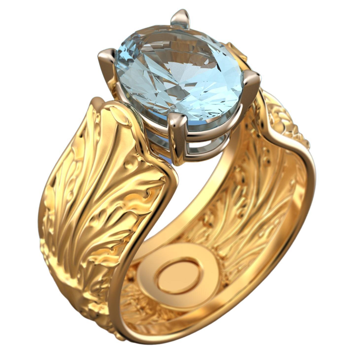 Baroque 18k Gold Ring with Natural Aquamarine Italian Fine Jewelry Made in Italy