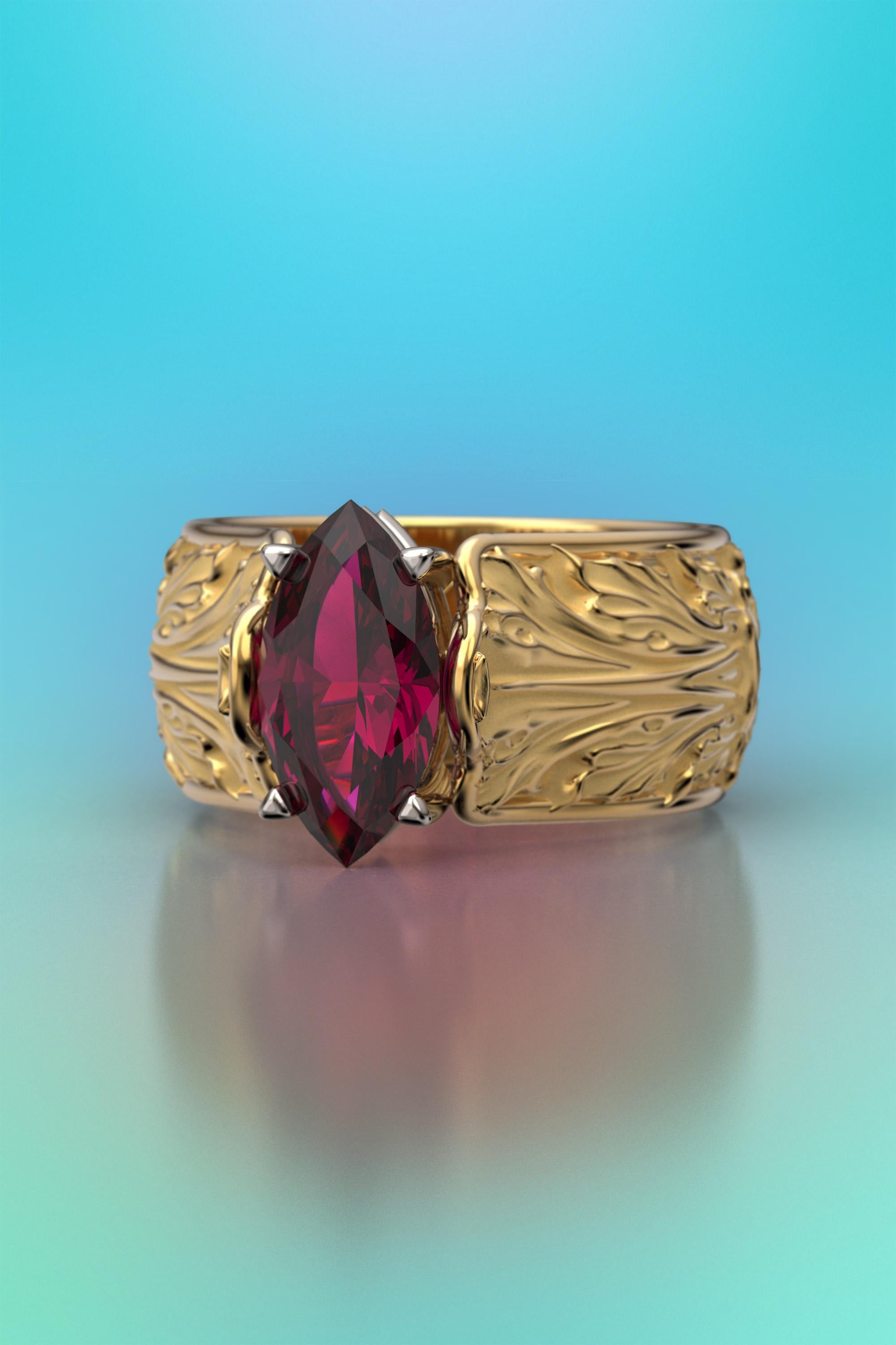 For Sale:  Baroque 18k Gold Ring with Natural Rhodolite Garnet Italian Fine Jewelry  3