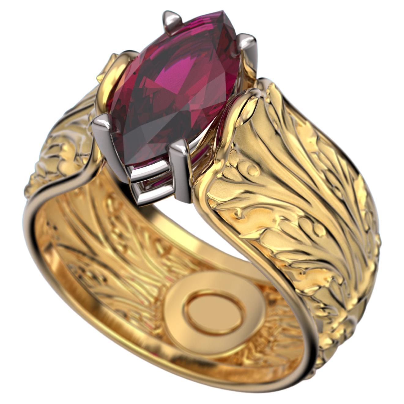 For Sale:  Baroque 18k Gold Ring with Natural Rhodolite Garnet Italian Fine Jewelry