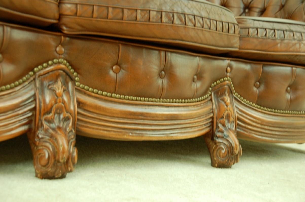 Wood Baroque 20th Century Chesterfield Settee Special Rare to Find 3 + 2 + 1 +Ottoman For Sale