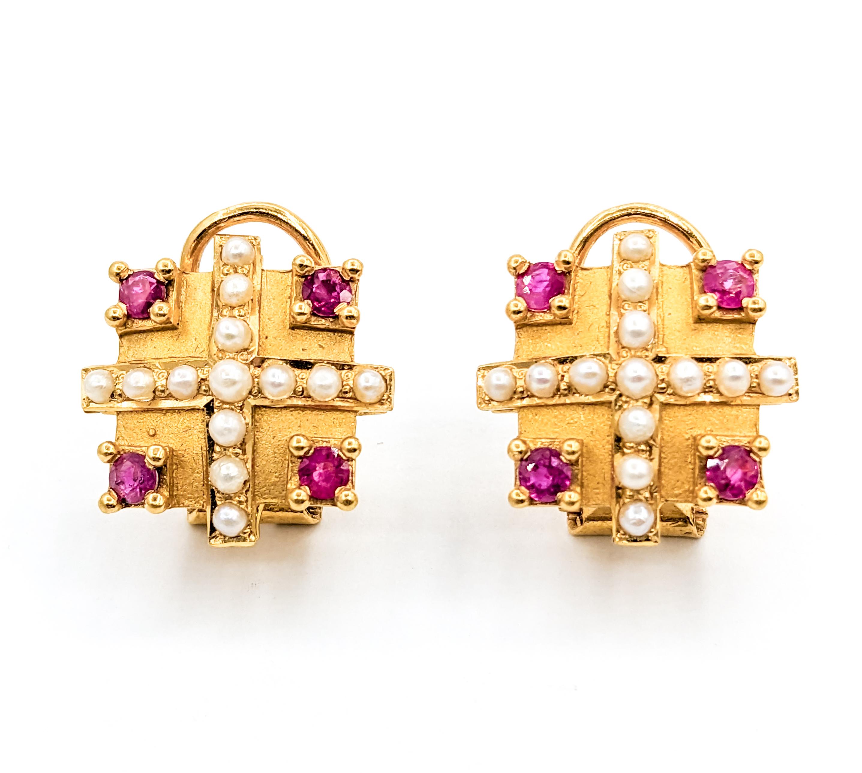 Baroque 22k Ruby & Seed Pearl Omega Stud Earrings For Sale 4