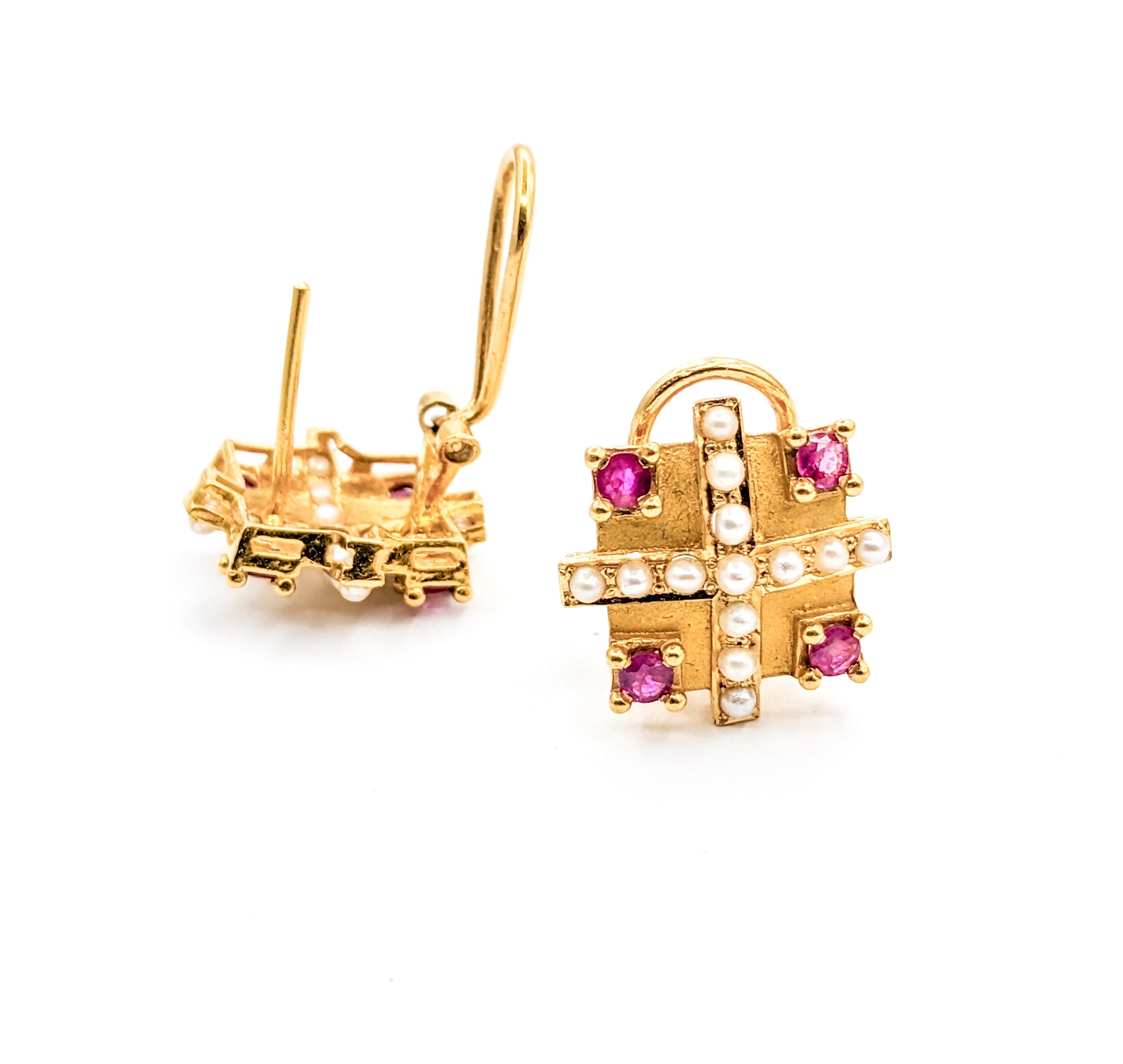 Round Cut Baroque 22k Ruby & Seed Pearl Omega Stud Earrings For Sale