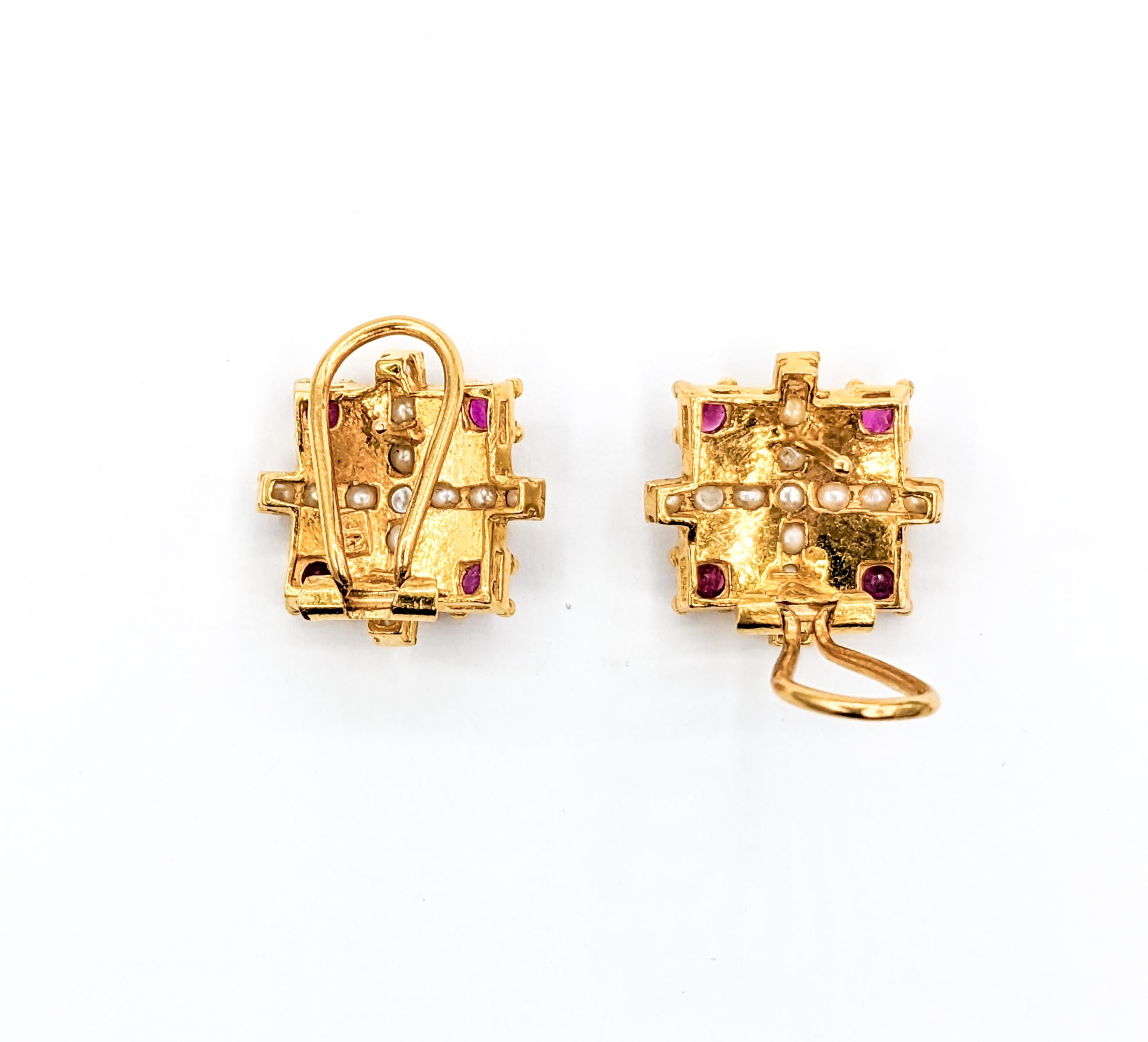 Baroque 22k Ruby & Seed Pearl Omega Stud Earrings In Excellent Condition For Sale In Bloomington, MN