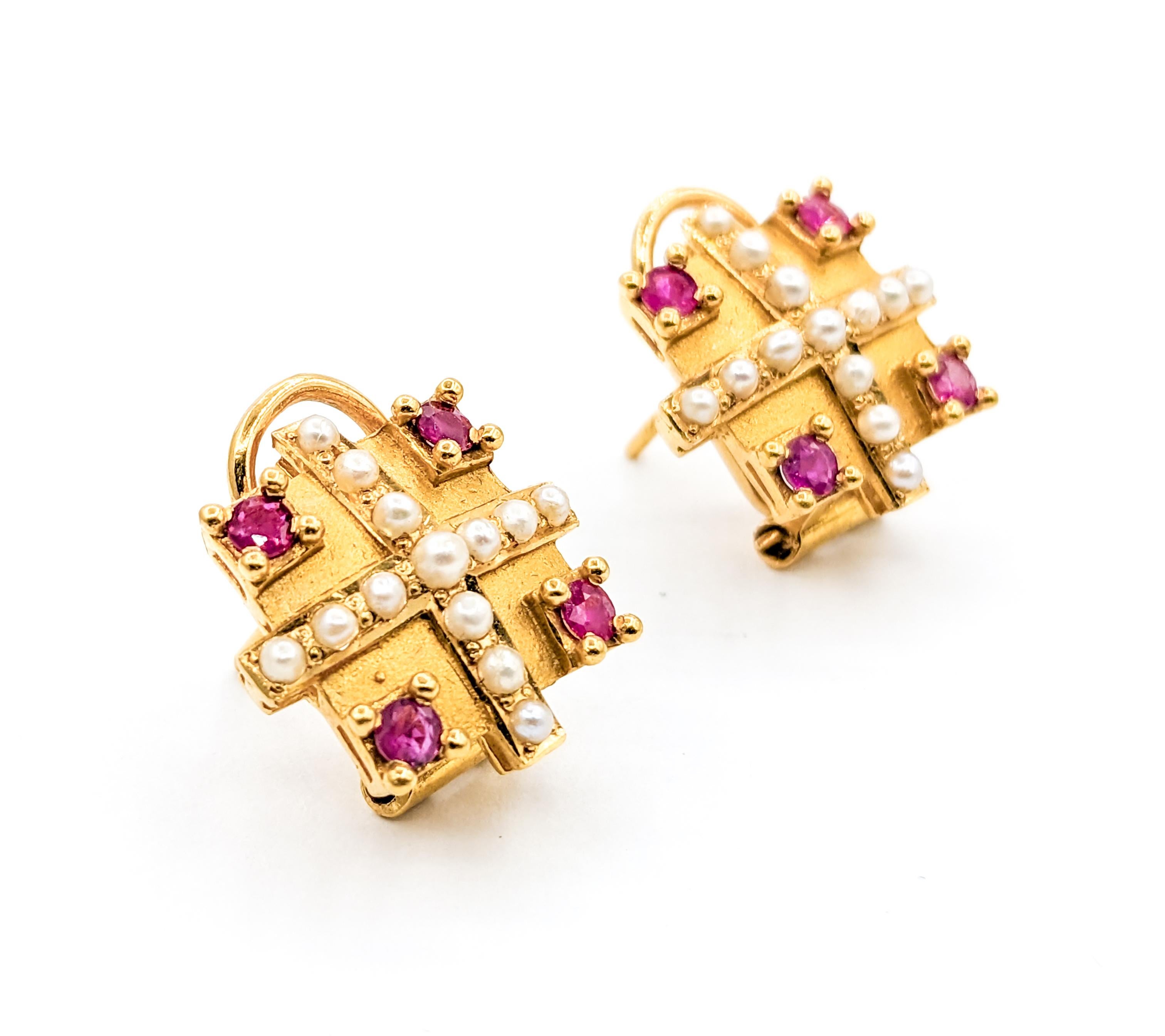 Baroque 22k Ruby & Seed Pearl Omega Stud Earrings For Sale 1