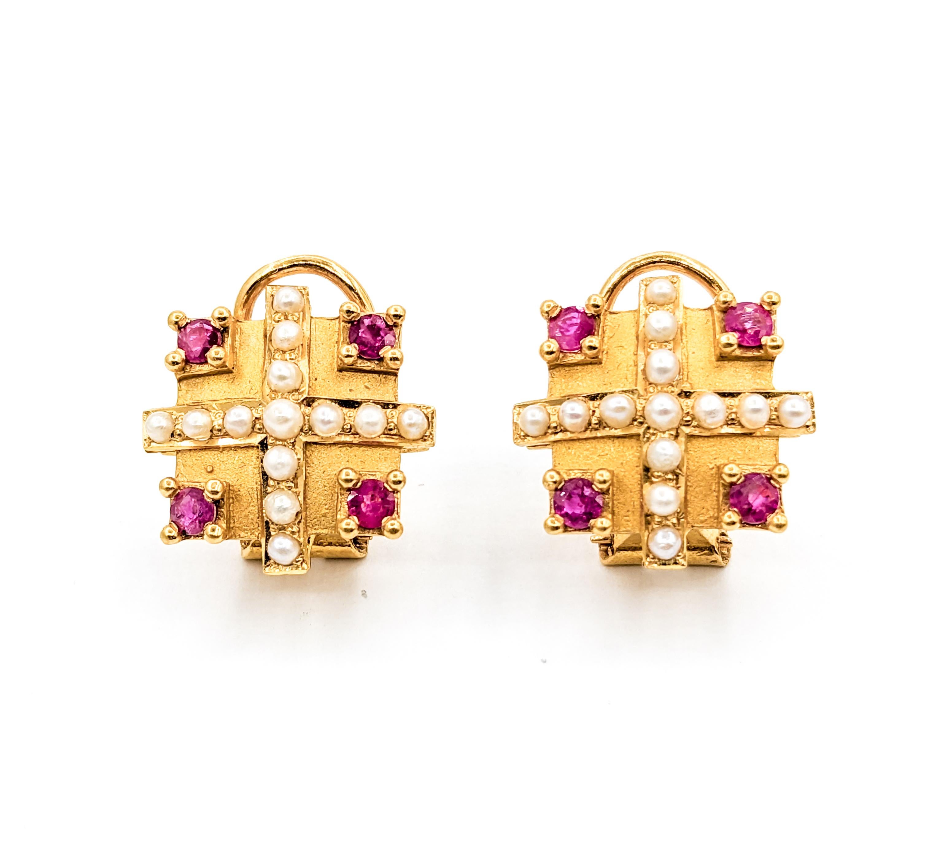 Baroque 22k Ruby & Seed Pearl Omega Stud Earrings For Sale 3