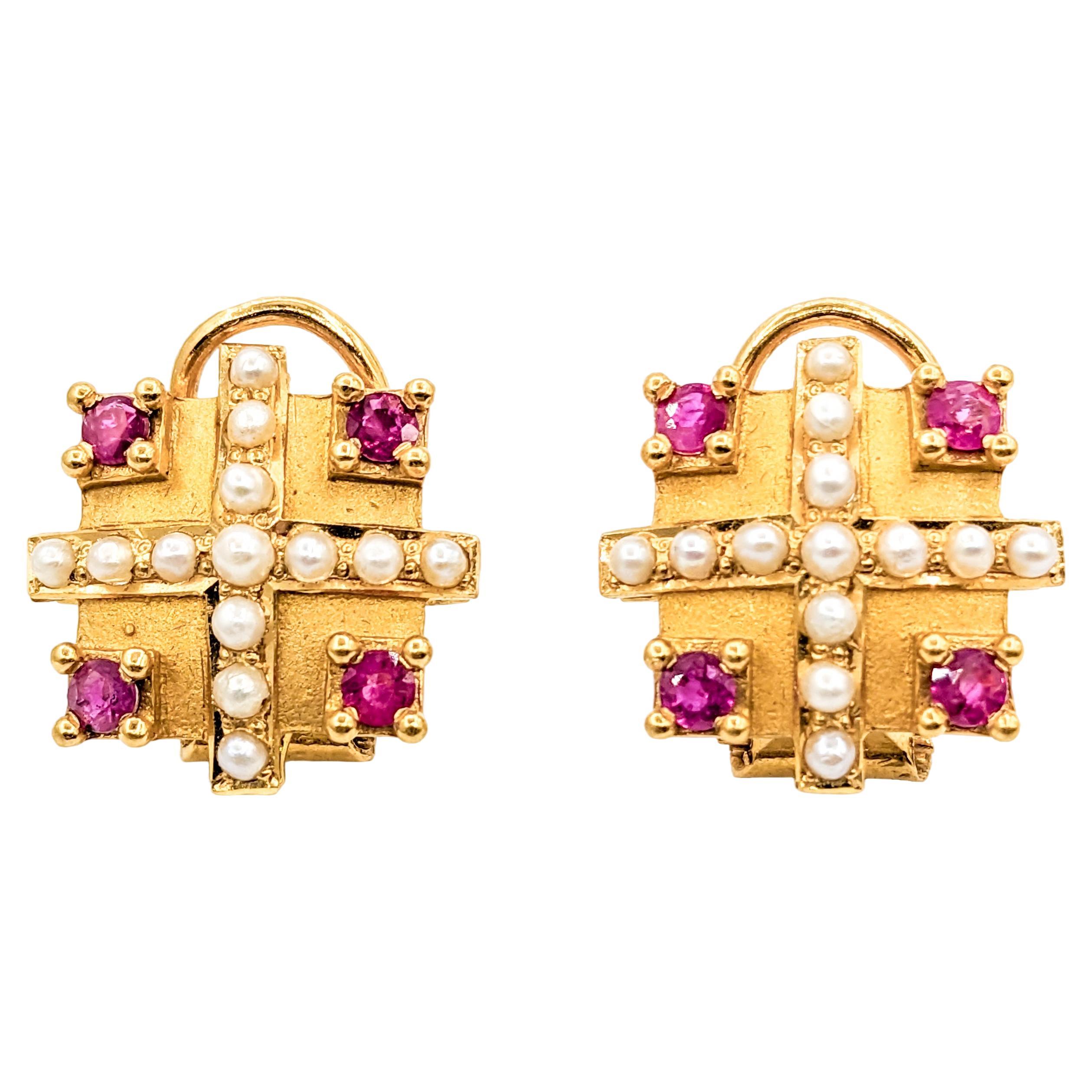 Baroque 22k Ruby & Seed Pearl Omega Stud Earrings