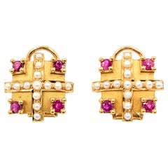 Baroque 22k Ruby & Seed Pearl Omega Stud Earrings