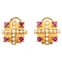 Vintage Baroque 22k Ruby & Seed Pearl Omega Stud Earrings