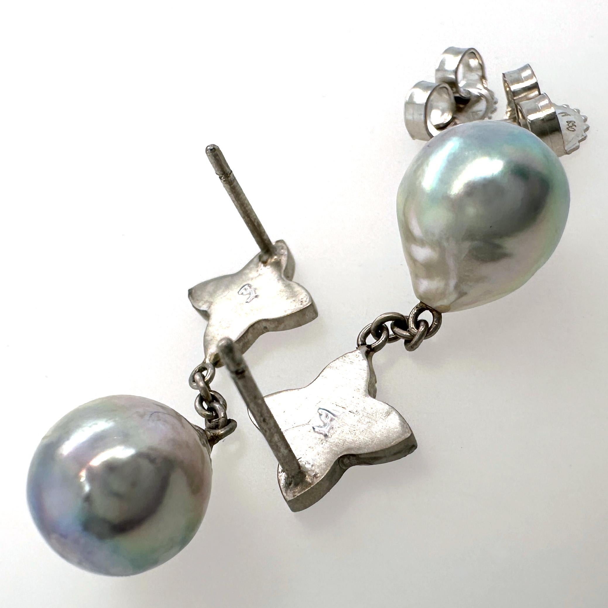Baroque Akoya Pearl Dangle Earrings with Platinum & Diamond Quatrefoil Tops For Sale 4