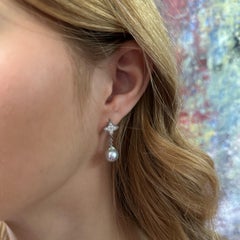 Diamond Platinum Quatrefoil Post Earrings with Baroque Silver Akoya Pearl Drops