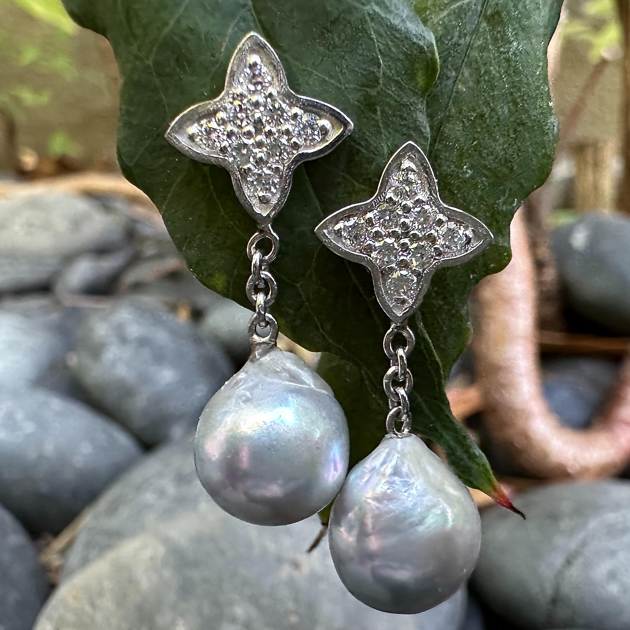 Contemporary Baroque Akoya Pearl Dangle Earrings with Platinum & Diamond Quatrefoil Tops For Sale