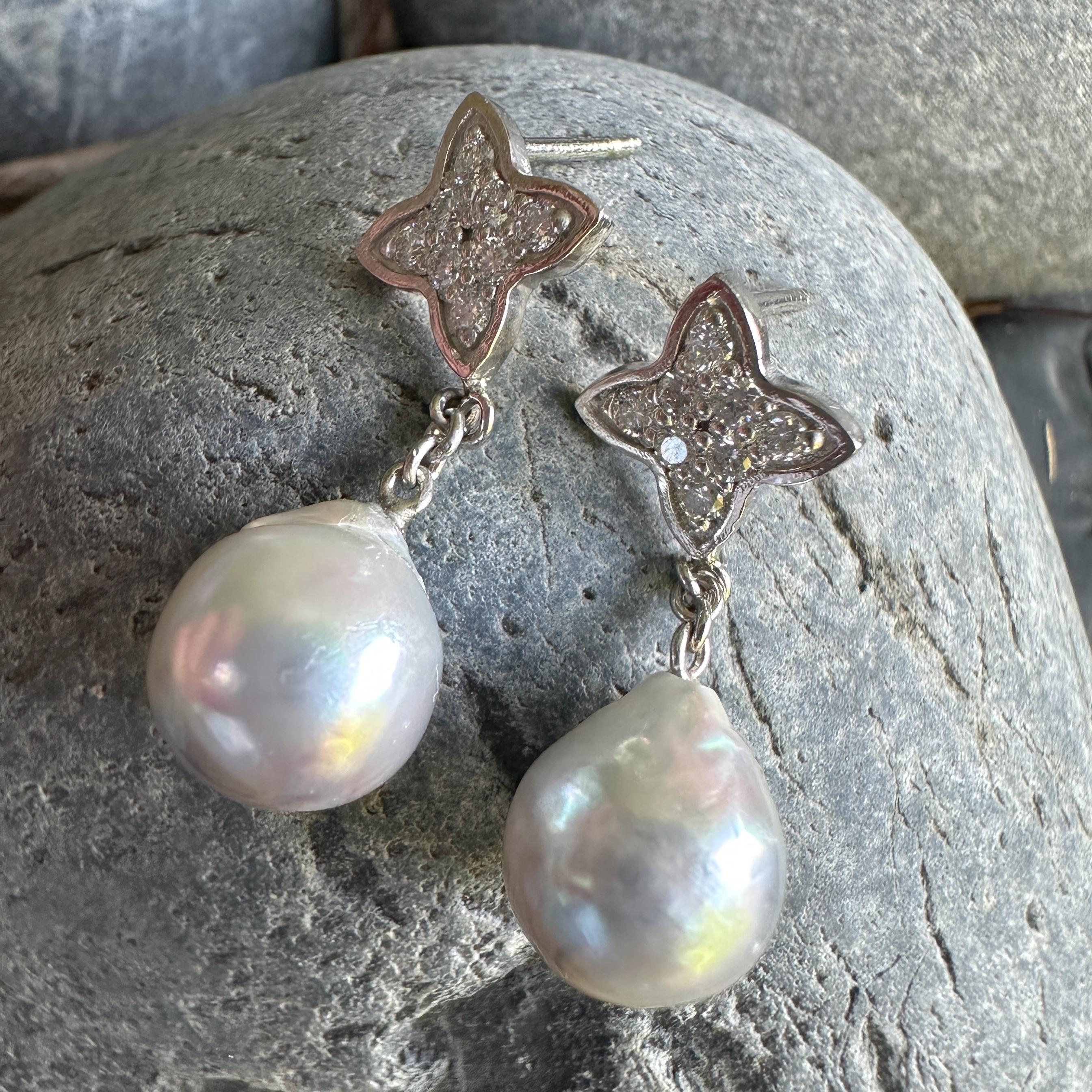 Brilliant Cut Baroque Akoya Pearl Dangle Earrings with Platinum & Diamond Quatrefoil Tops For Sale