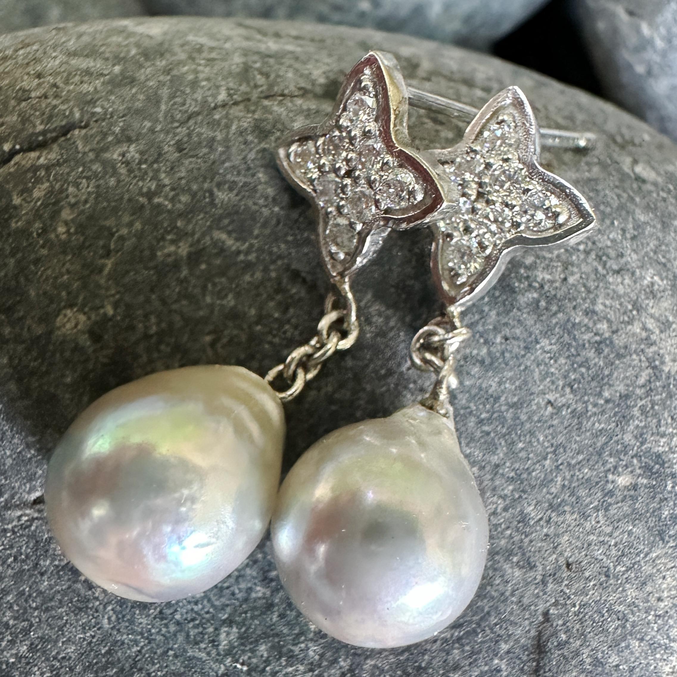 Baroque Akoya Pearl Dangle Earrings with Platinum & Diamond Quatrefoil Tops In New Condition For Sale In Sherman Oaks, CA