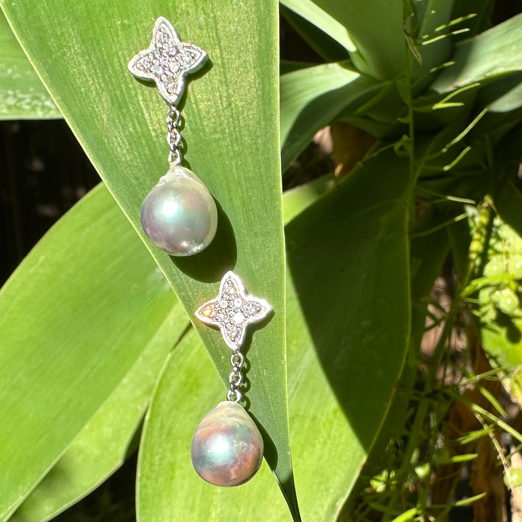 Women's Baroque Akoya Pearl Dangle Earrings with Platinum & Diamond Quatrefoil Tops For Sale