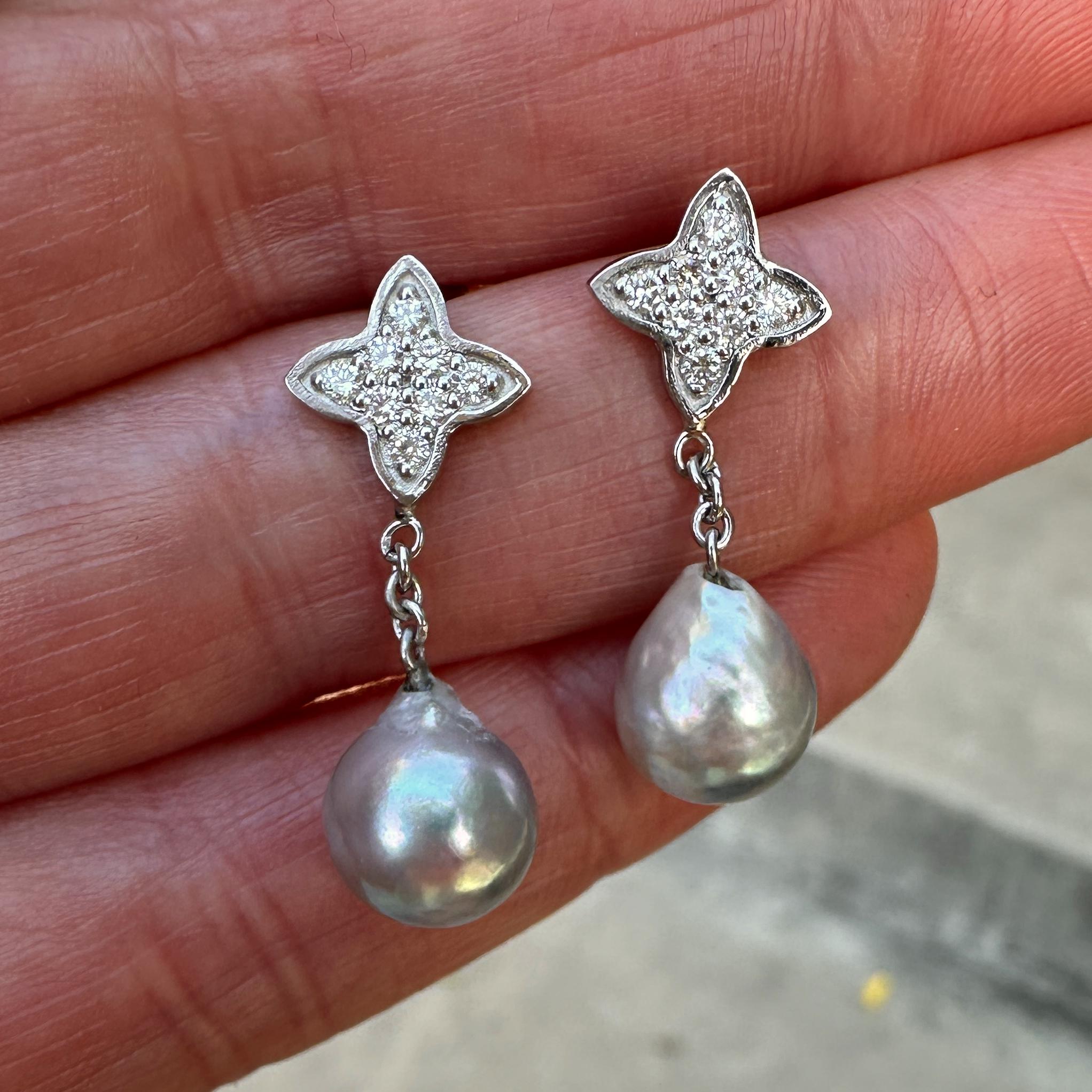 Baroque Akoya Pearl Dangle Earrings with Platinum & Diamond Quatrefoil Tops For Sale 1