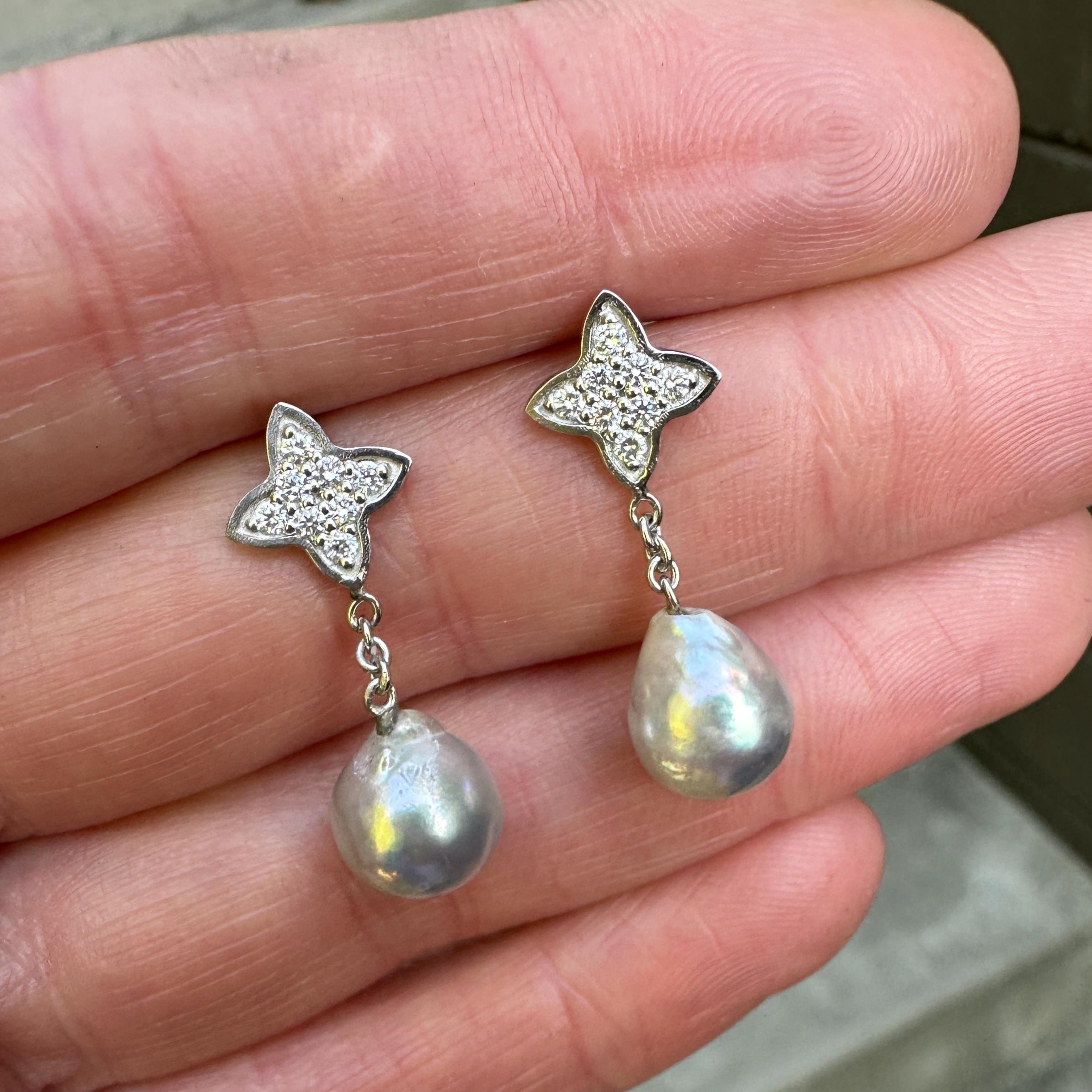 Baroque Akoya Pearl Dangle Earrings with Platinum & Diamond Quatrefoil Tops For Sale 2