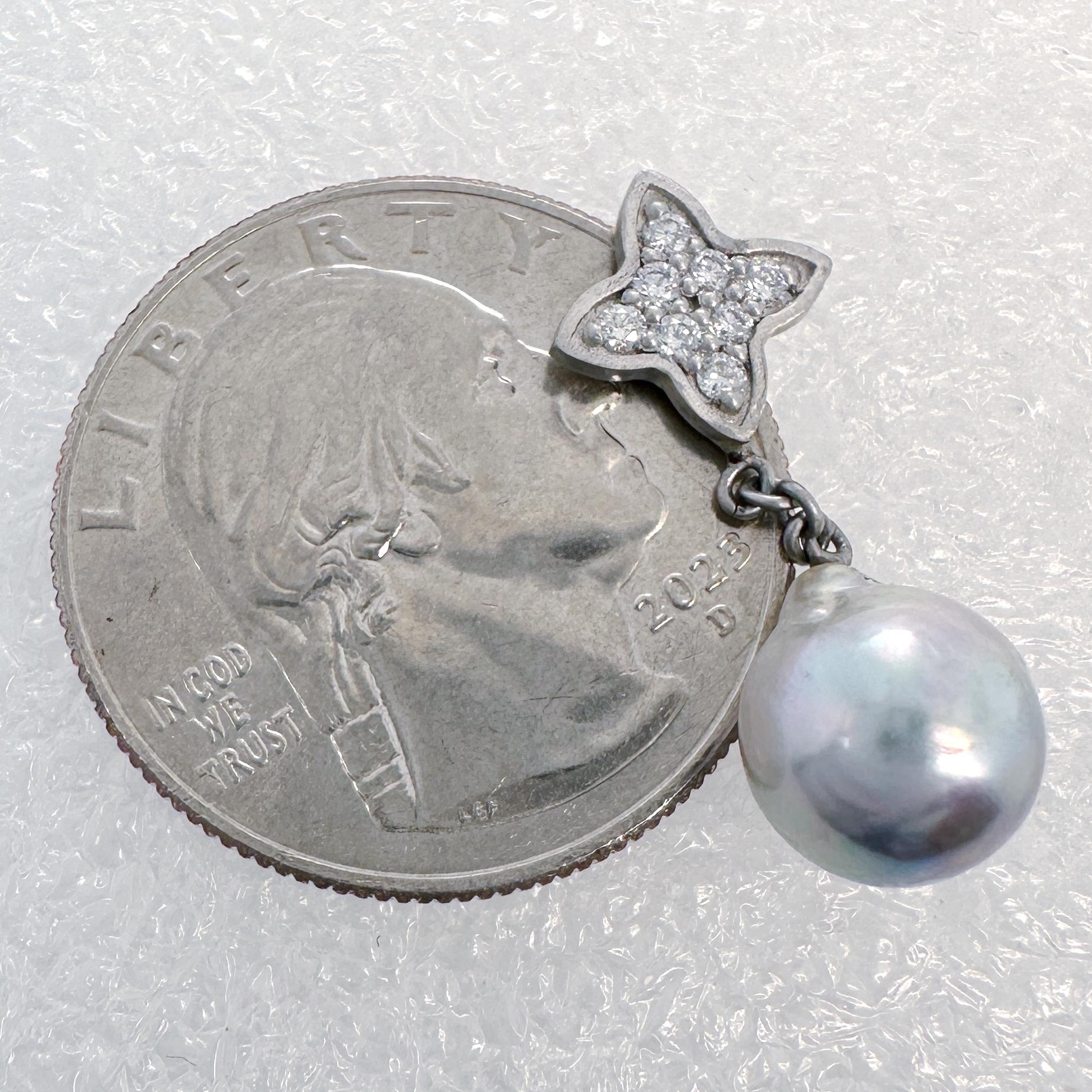Baroque Akoya Pearl Dangle Earrings with Platinum & Diamond Quatrefoil Tops For Sale 3