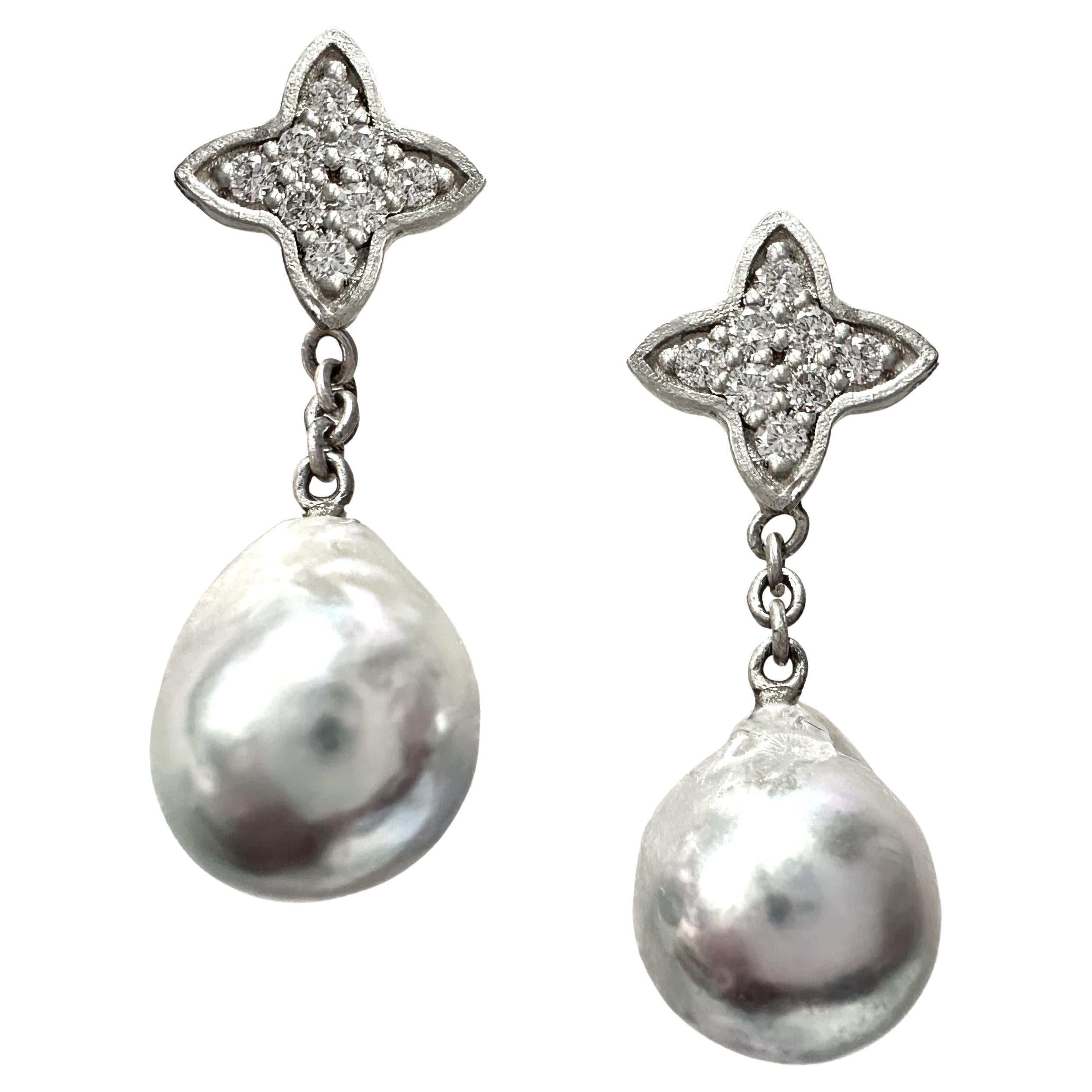 Baroque Akoya Pearl Dangle Earrings with Platinum & Diamond Quatrefoil Tops