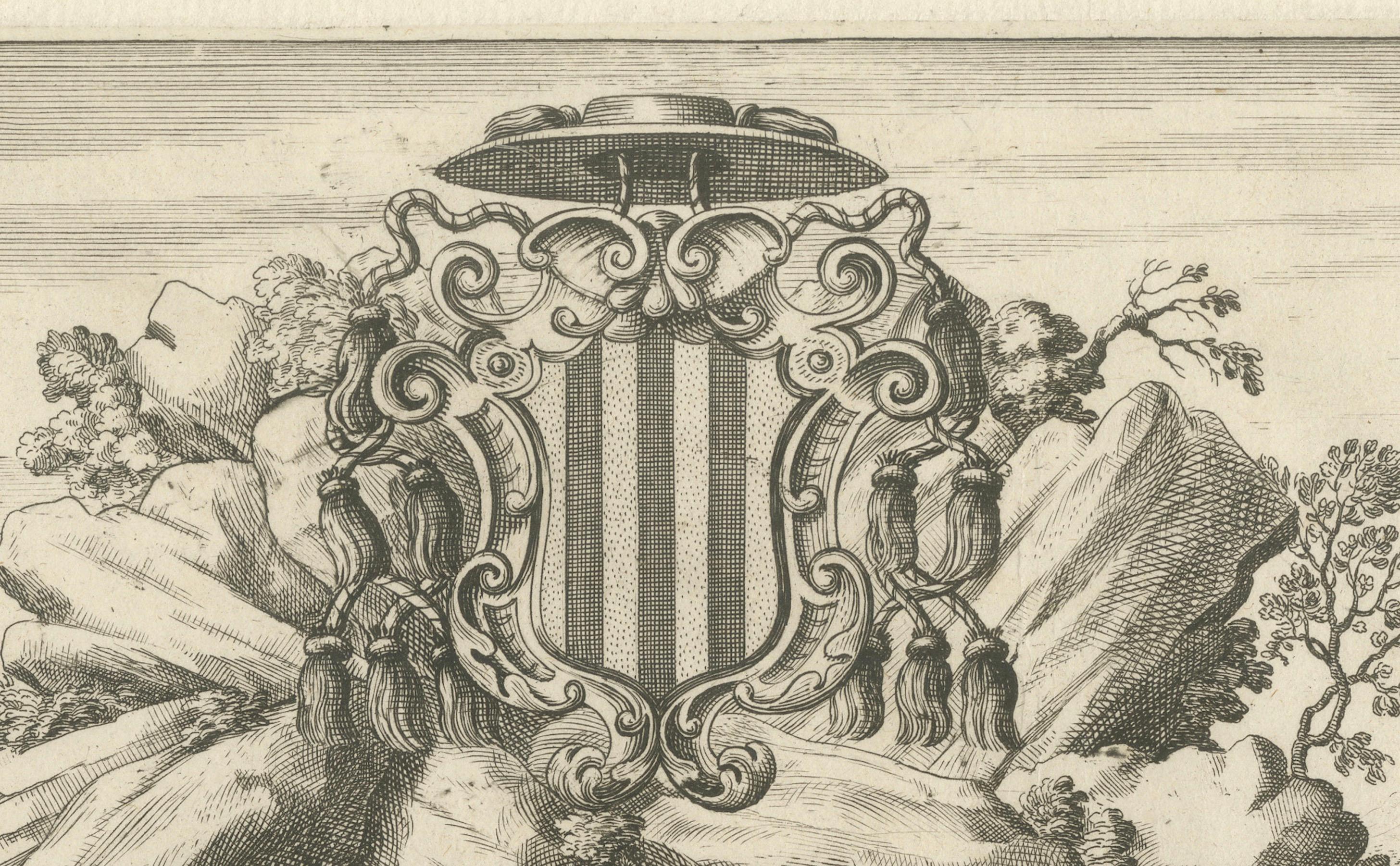 Fin du XVIIe siècle Gravure allégorique baroque avec armoiries nobles, vers 1690 en vente