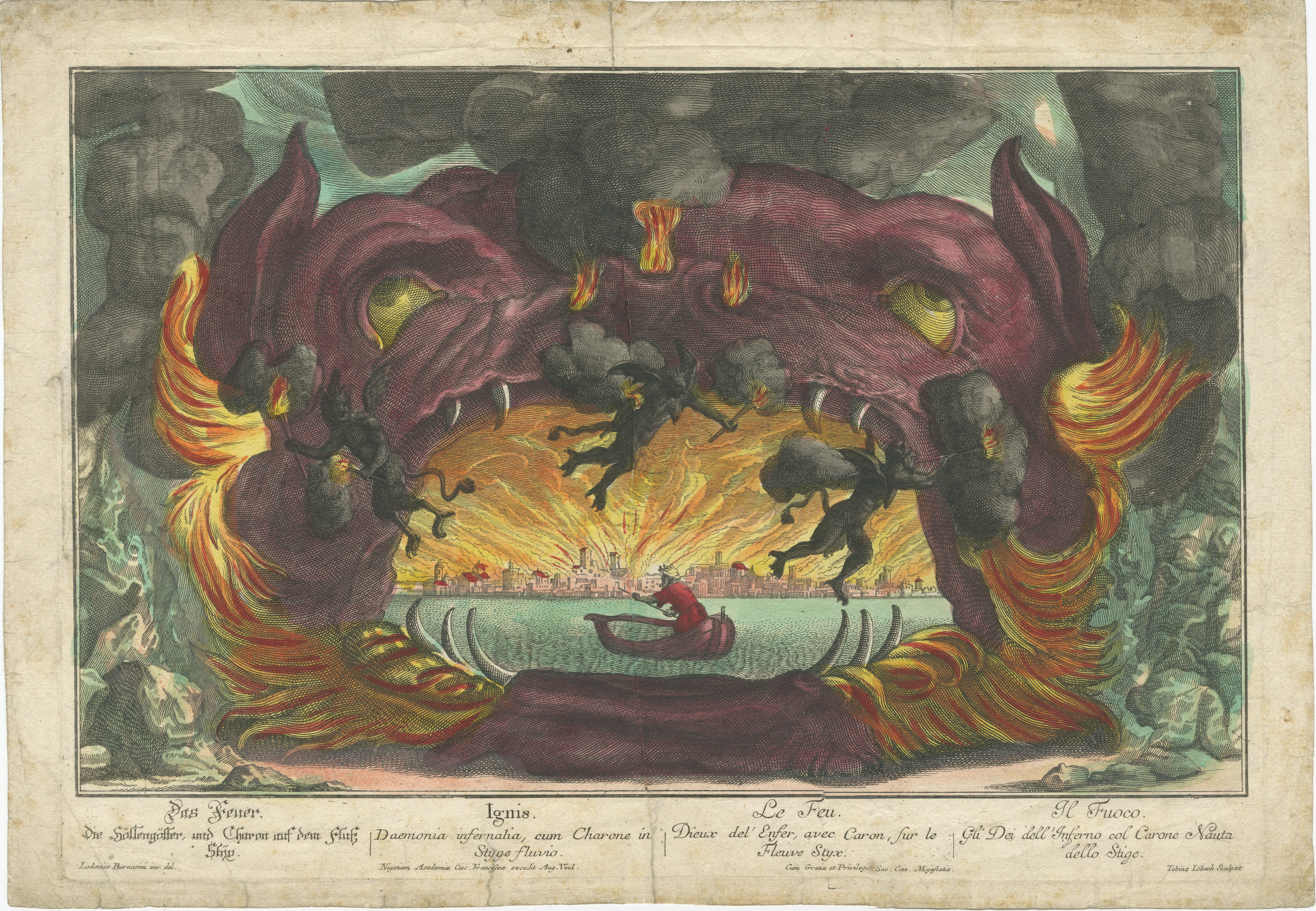 Allegory of Fire with Charon on the River Styx – 18th Century Optical Print

This dramatic and richly colored 18th-century optical print presents an allegorical vision of 'Fire', rendered with theatrical intensity and mythological symbolism.