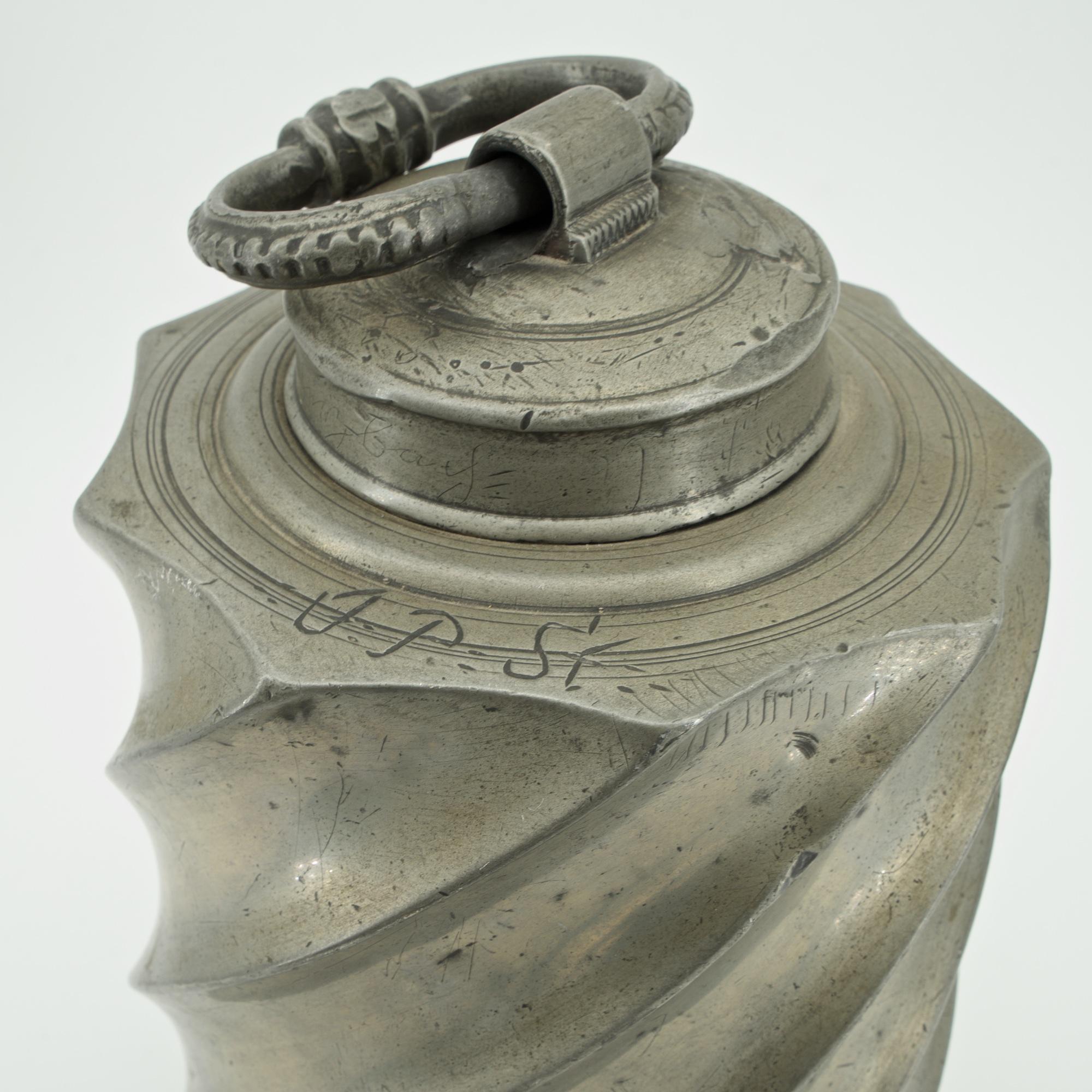 Hand-Crafted Gustavian Alpine Scandinavian Pewter Wine Can Flask Metalwork Decanter Flagon For Sale