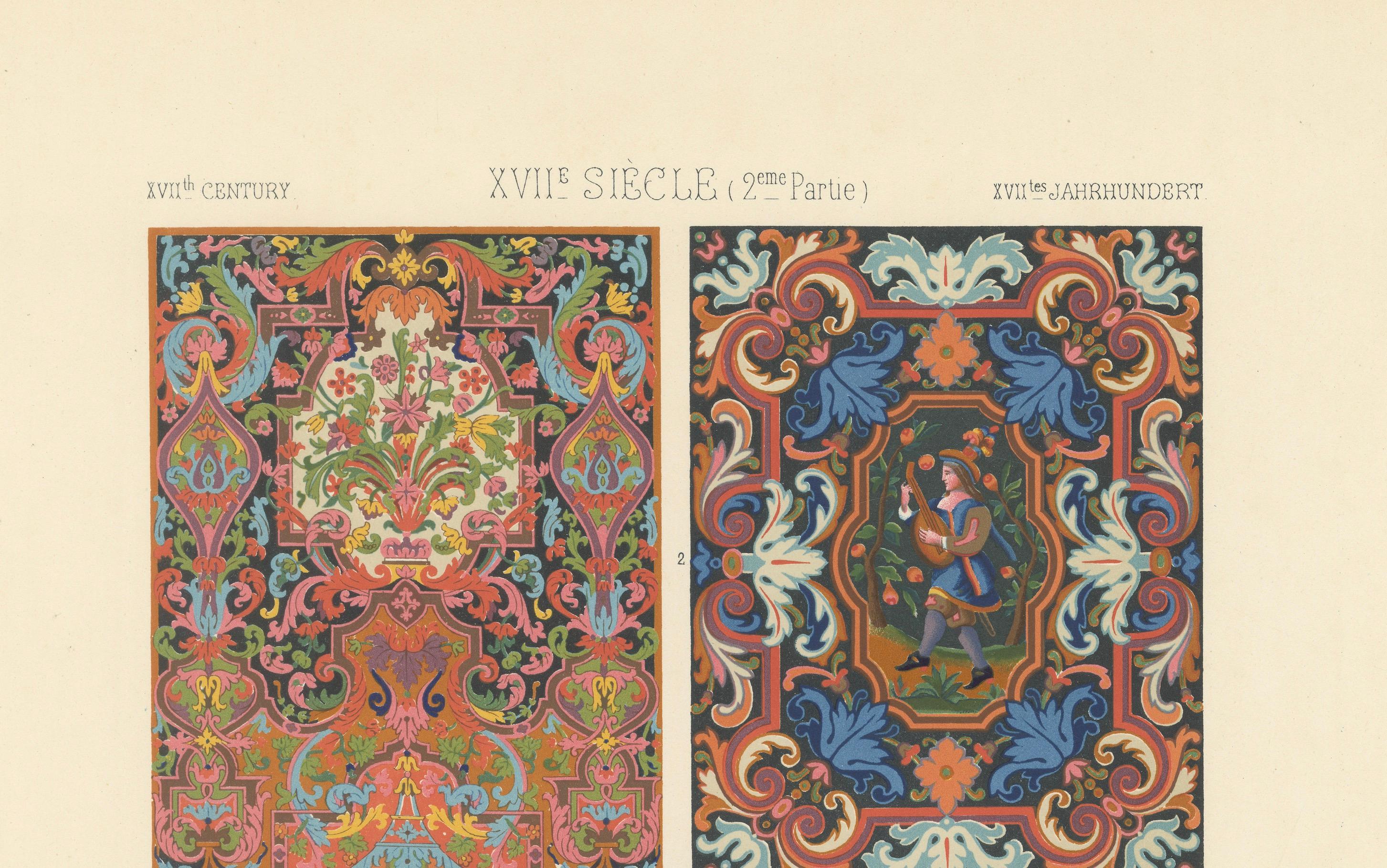Dekorative Tafeln des 17. Jahrhunderts - Barock- und Pastoralmotive, Tafel LXXXIII

Diese üppige Chromolithografie, Tafel LXXXIII aus *L'Ornement Polychrome*, zeigt eine lebendige Auswahl französischer Dekorationstafeln aus dem 17. Jahrhundert, die
