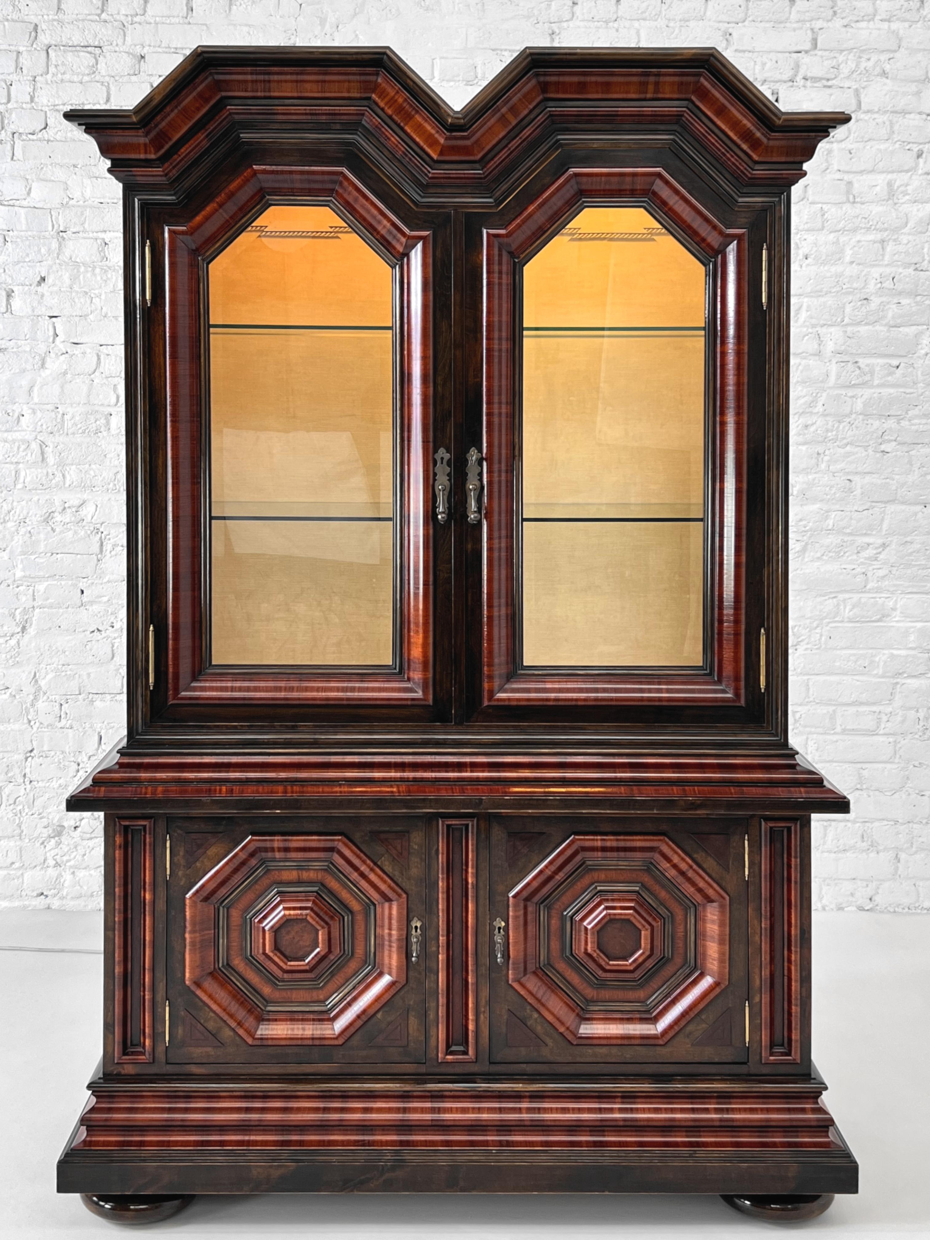 Baroque And Rococo Style Wooden Marquetry and Glass Armoire or Vitrine Cabinet For Sale 1