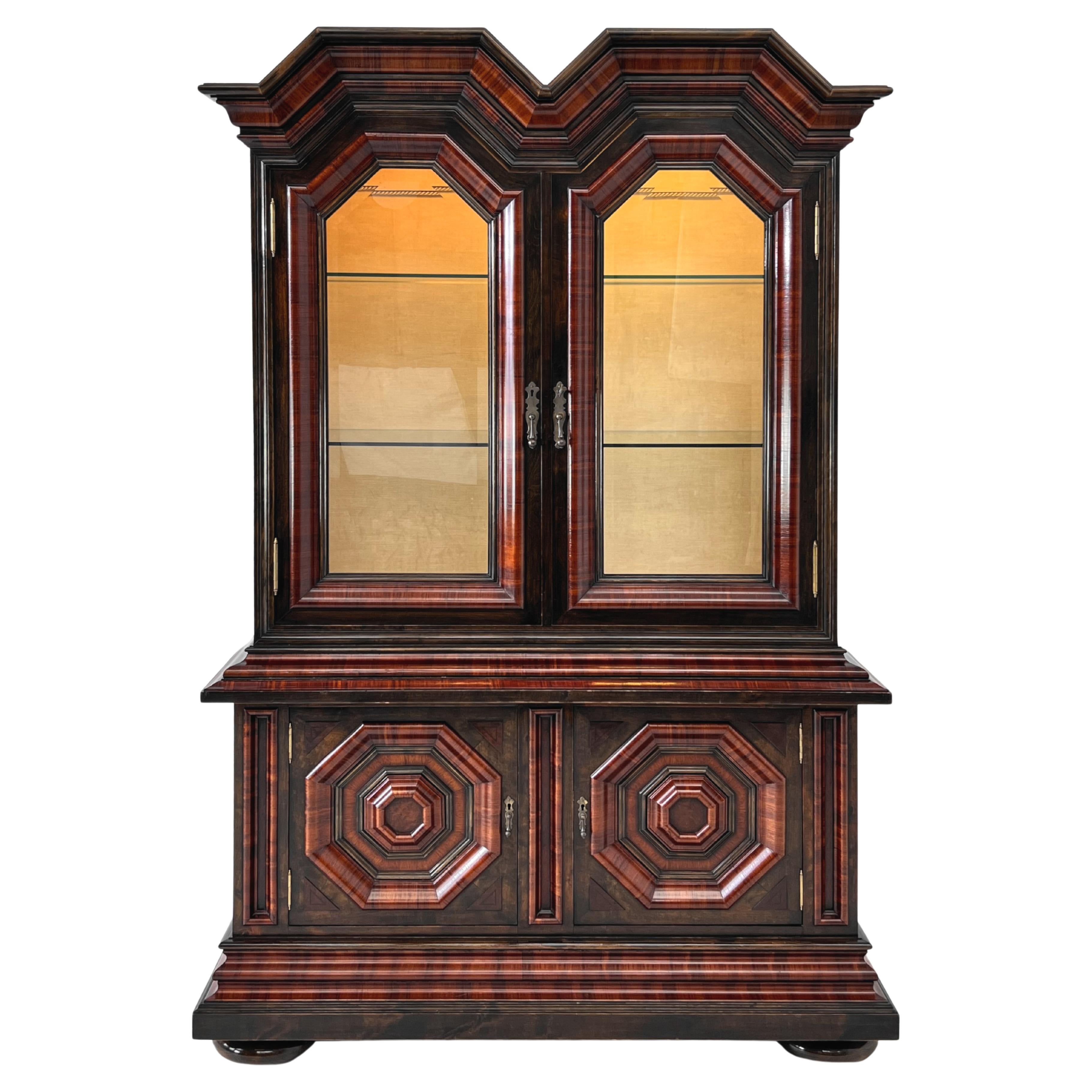 Baroque And Rococo Style Wooden Marquetry and Glass Armoire or Vitrine Cabinet For Sale