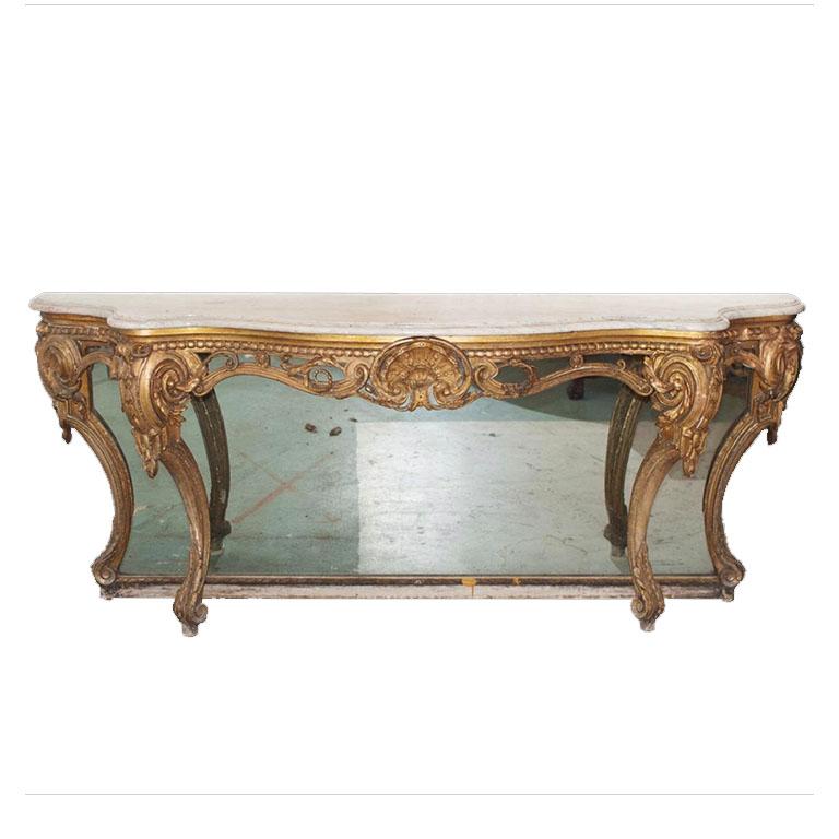Antique Italian beveled marble serpentine tabletop. Salvaged from a giltwood swan motif console table with matching mirror. Created in the 19th century, this marble top is in a serpentine shape, with a beveled edge at the front. 

This piece