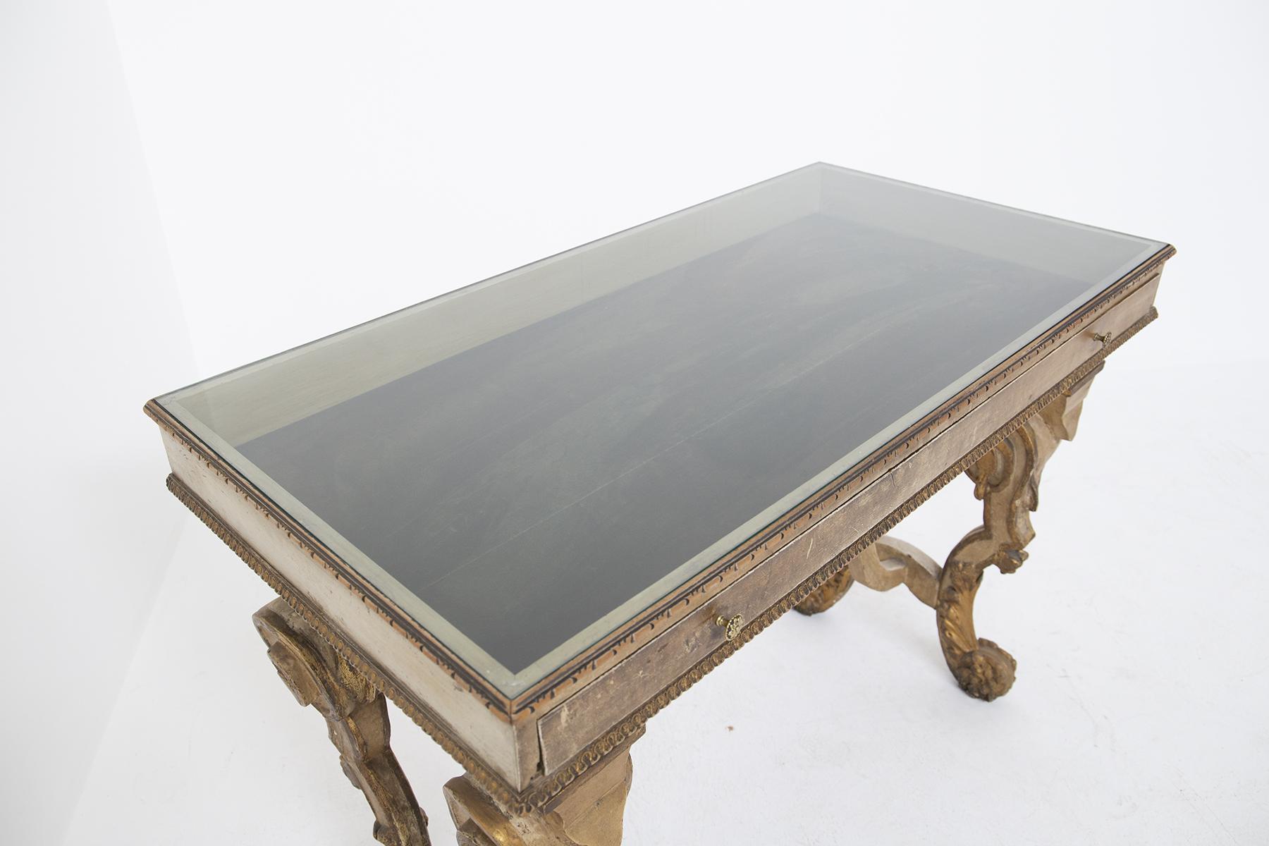18th Century and Earlier Baroque Antique Desk in Gilded Wood and Glass