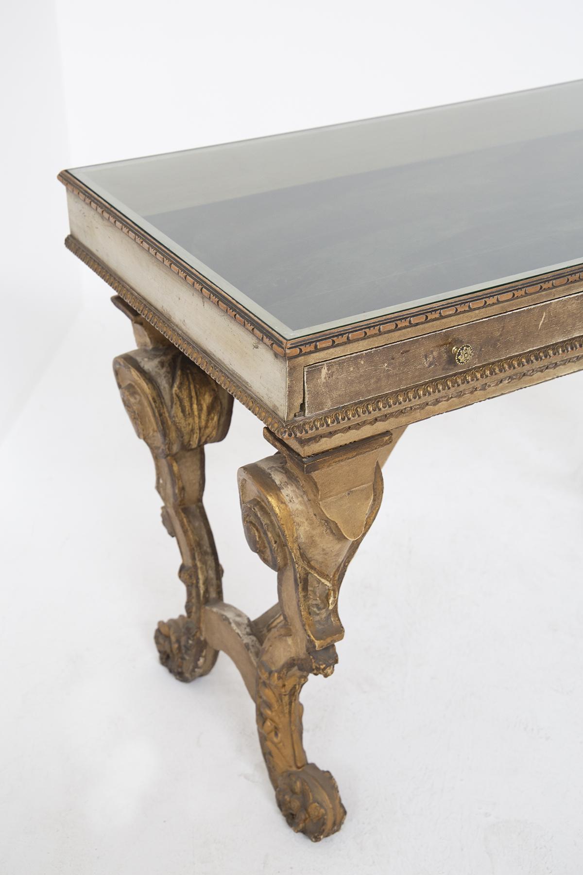 Velvet Baroque Antique Desk in Gilded Wood and Glass