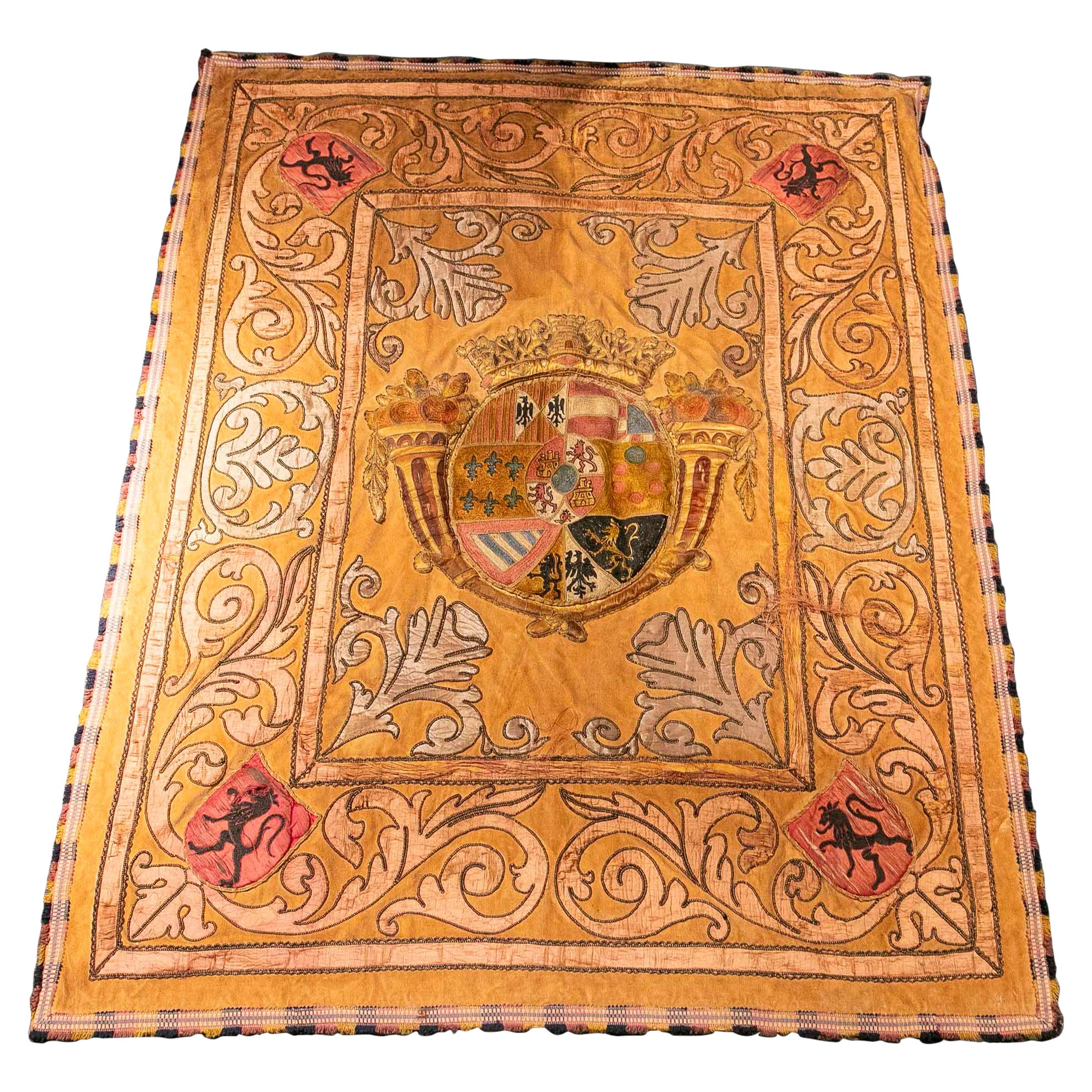Baroque Antique Embroidered Tapestry with Heraldic Shield, 1850s
