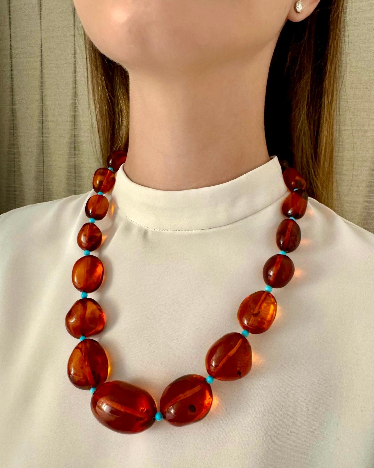 Baroque Baltic Amber and Turquoise Necklace For Sale 1