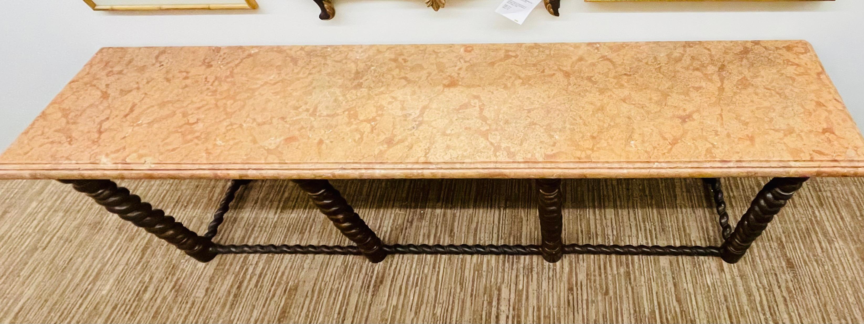 Bronze Based Marble Top Console Table, 19th Century, Barley Twist, Tortoise Finish


This mid-19th century console table is a remarkable piece, featuring a solid bronze base with a striking barley twist design and a rich tortoise shell finish. The