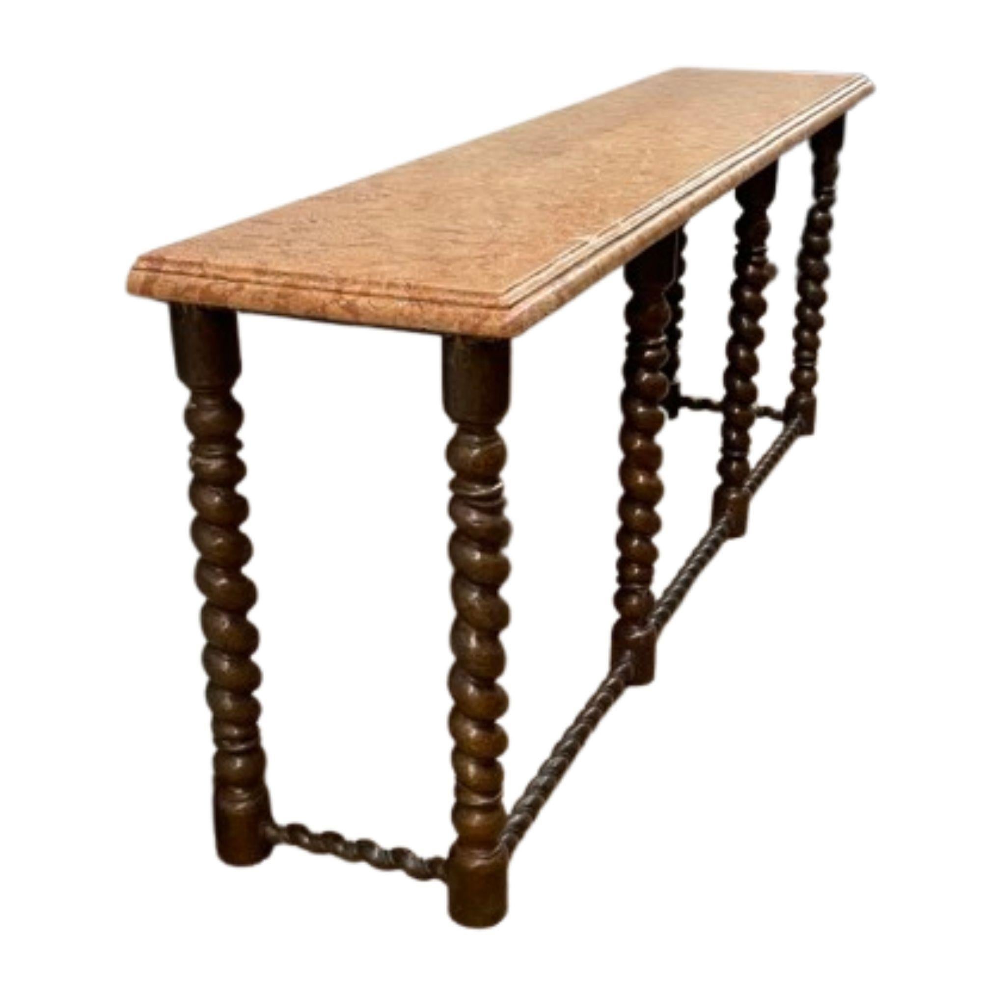 Baroque, Barley Twist Console Table, Tortoise, Marble, Bronze, 19th Century In Good Condition For Sale In Manhasset, NY