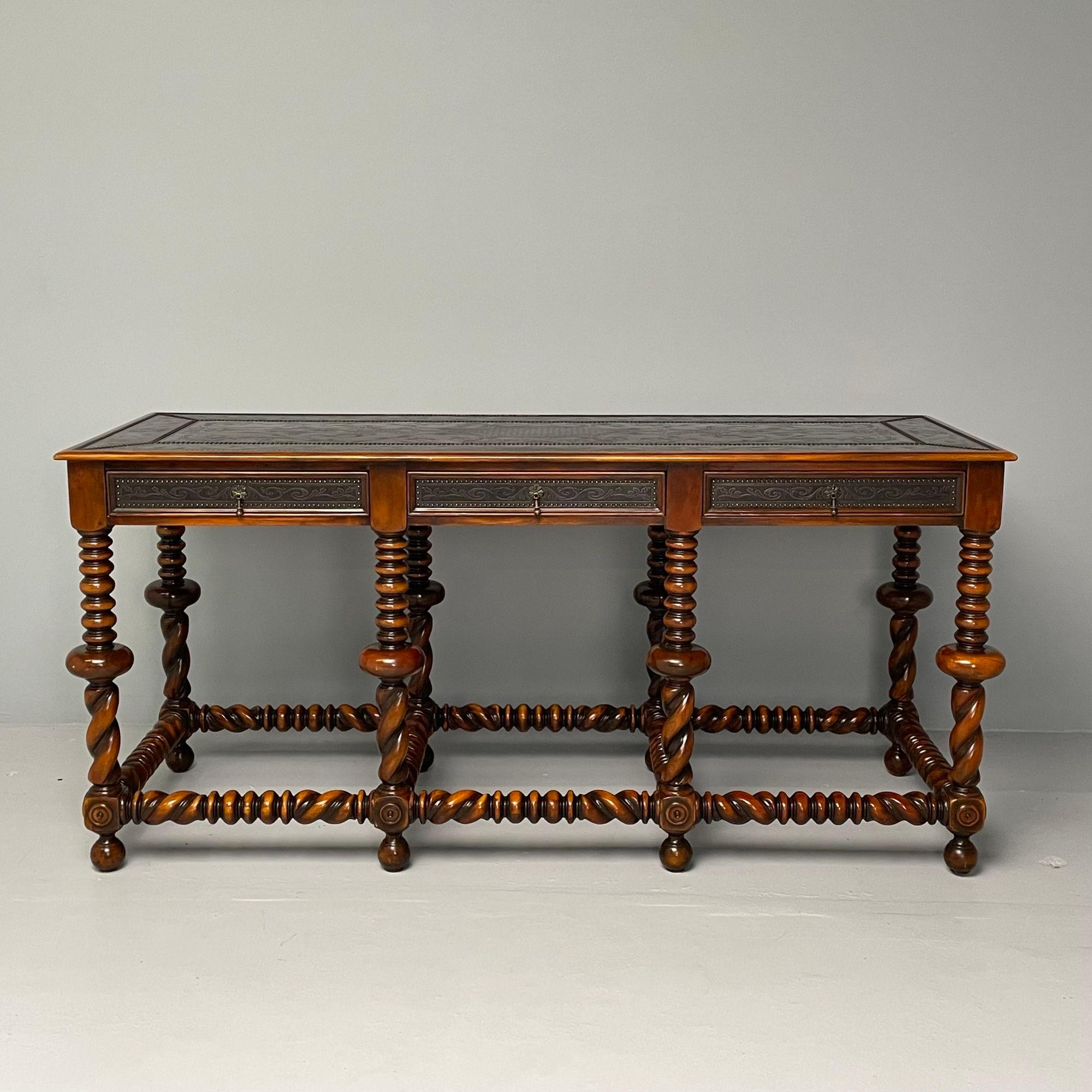 Baroque, Portuguese Style, Barley Twist Console, Turned Wood, Gray Etched Metal, USA, 2000s

A bold and stunning 20th century Baroque Portuguese-style console table with wonderfully elaborate turned legs with barley twist spandrels. The whole having