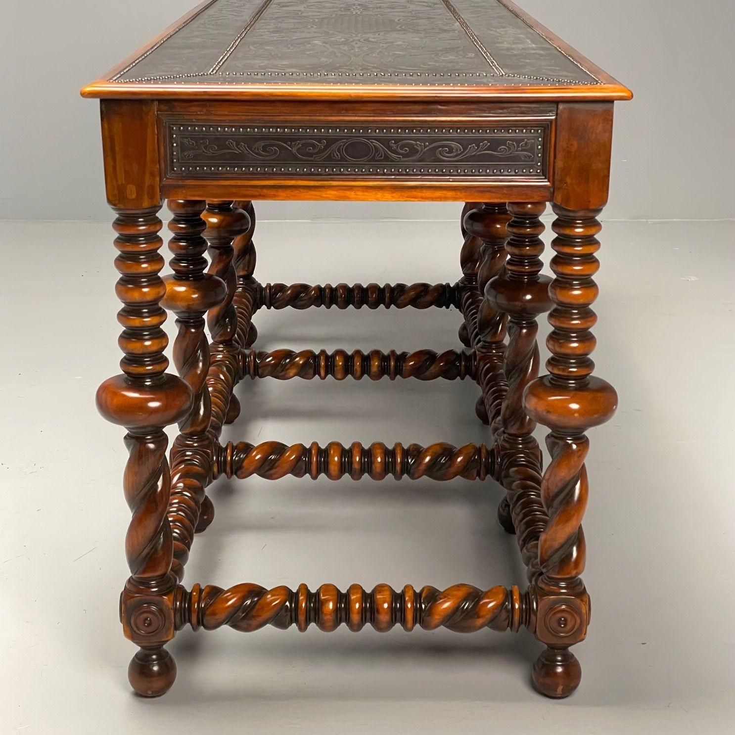 Baroque, Barley Twist Console, Turned Wood, Gray Etched Metal, USA, 2000s In Good Condition For Sale In Stamford, CT