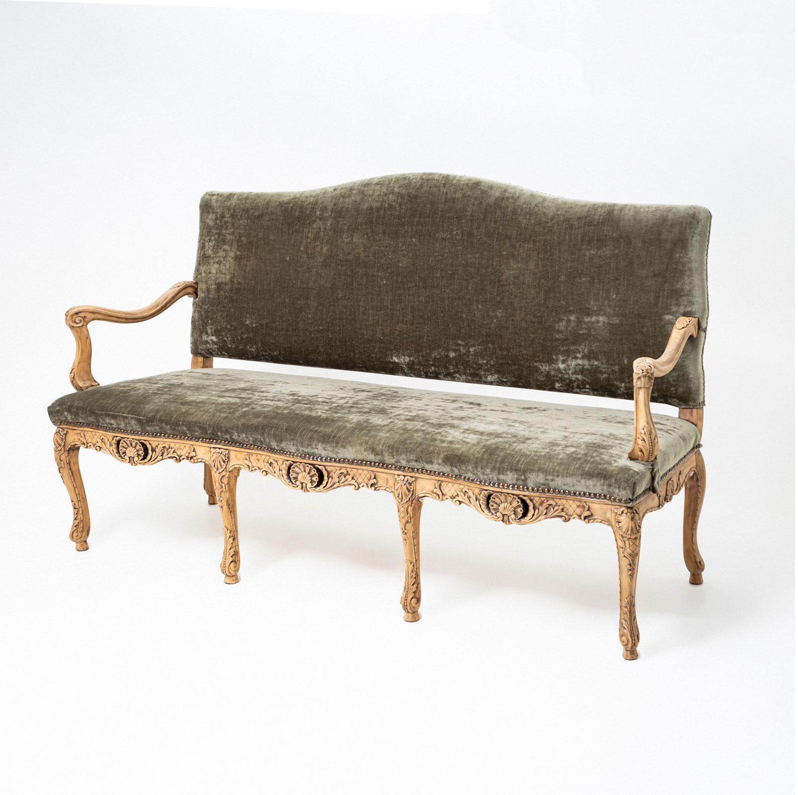 Baroque Banc baroque avec tapisserie en velours vert, 18ème siècle en vente