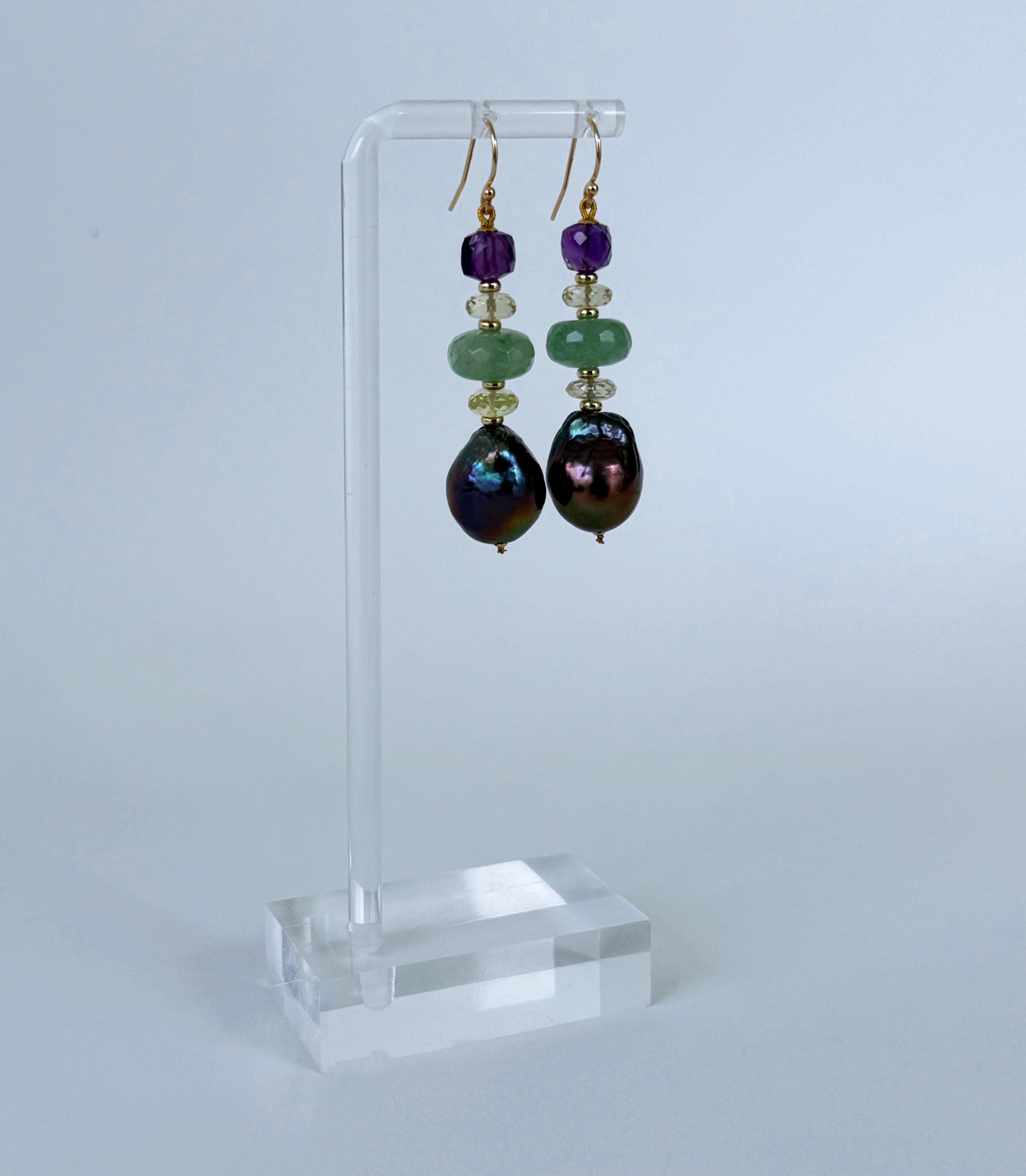 Artisan Baroque Black Pearl, Amethyst, Chalcedony, Citrine & Solid 14k Earrings For Sale
