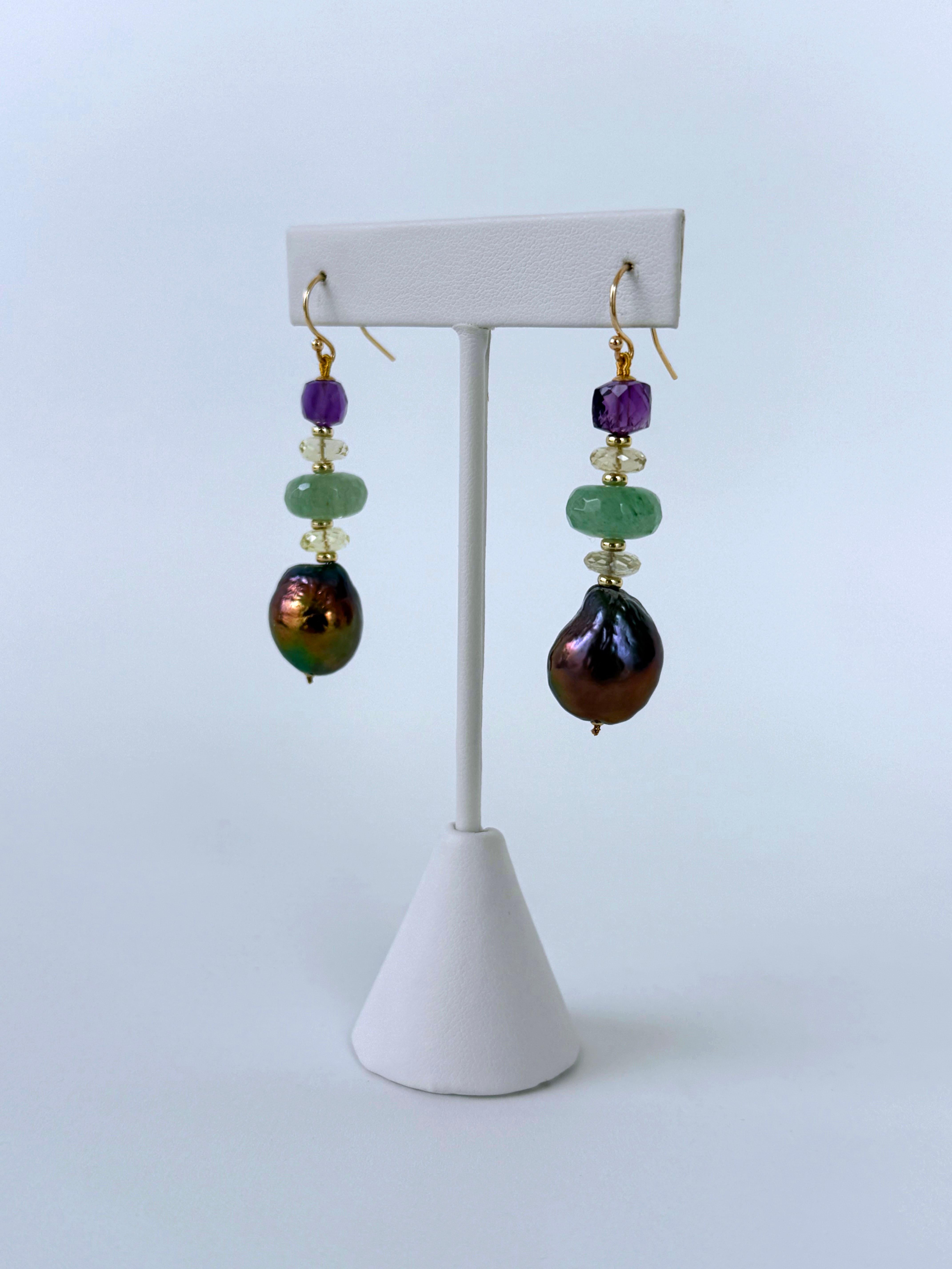 Baroque Black Pearl, Amethyst, Chalcedony, Citrine & Solid 14k Earrings In New Condition For Sale In Los Angeles, CA