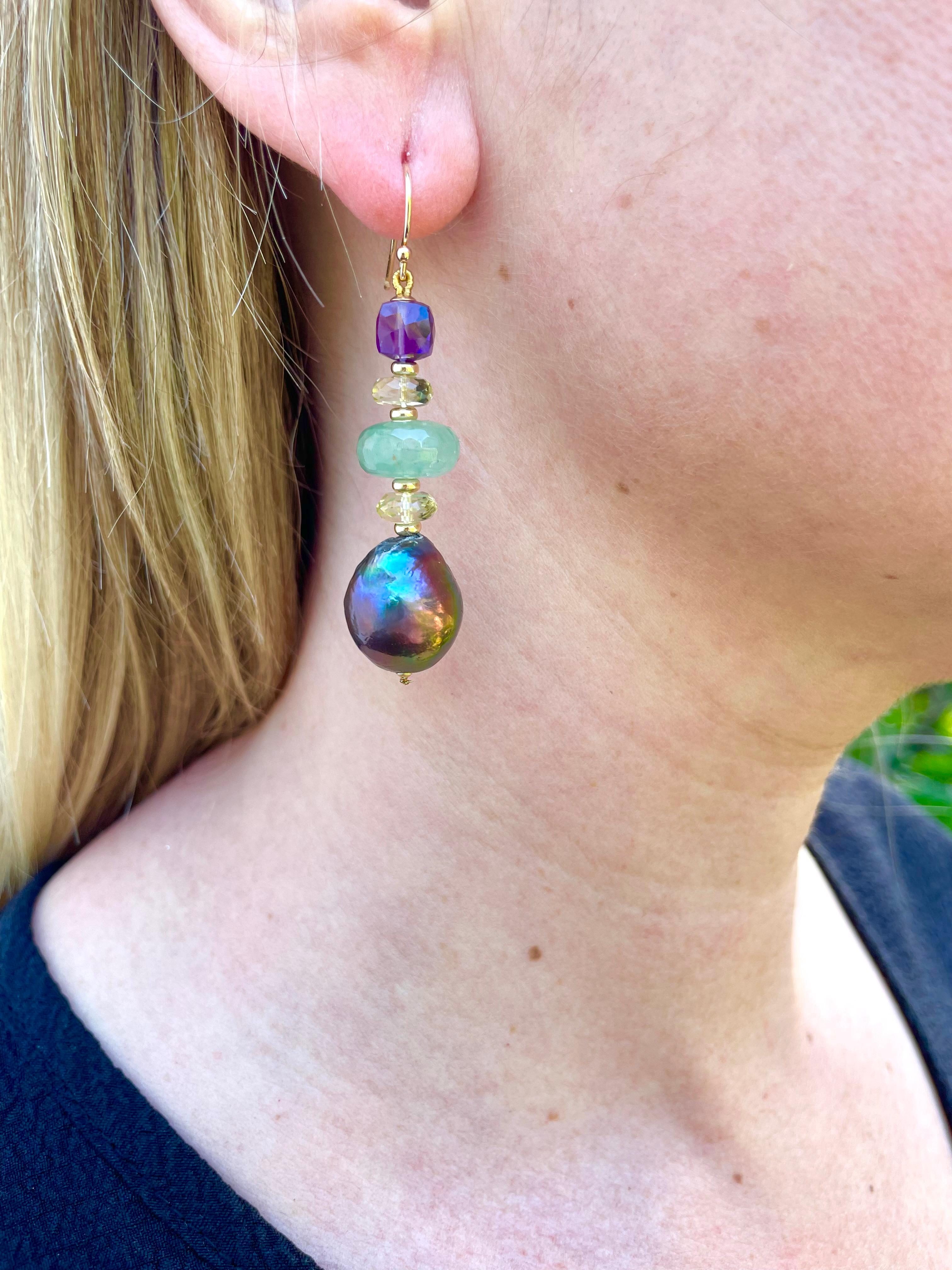 Bead Baroque Black Pearl, Amethyst, Chalcedony, Citrine & Solid 14k Earrings For Sale
