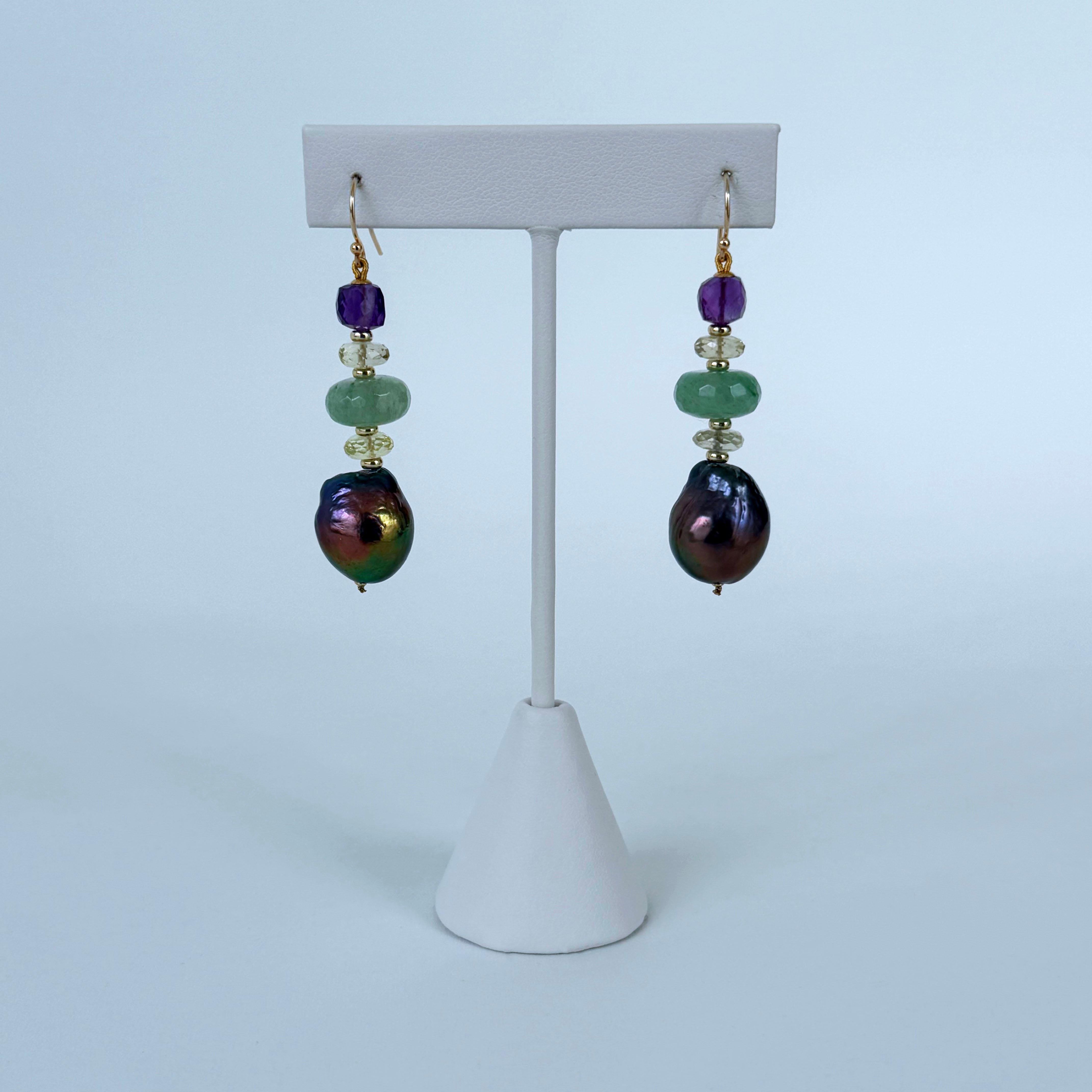 Women's Baroque Black Pearl, Amethyst, Chalcedony, Citrine & Solid 14k Earrings For Sale