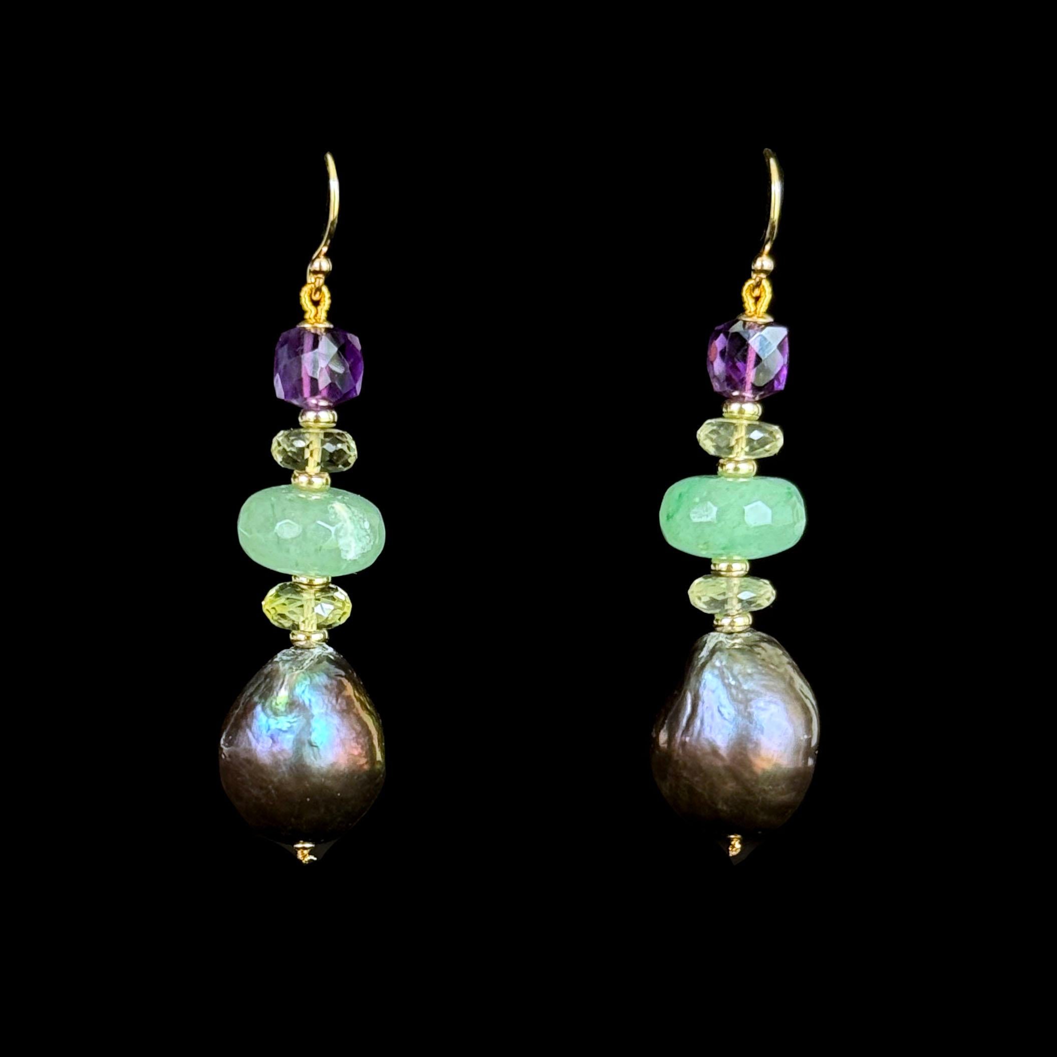 Baroque Black Pearl, Amethyst, Chalcedony, Citrine & Solid 14k Earrings For Sale 1