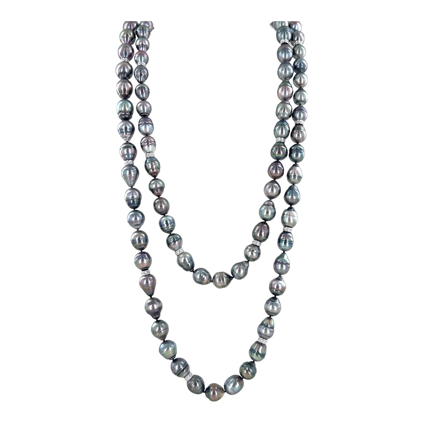 Baroque Black Pearl Diamond 18 Karat White Gold 64 Inch Necklace In Excellent Condition In Boca Raton, FL