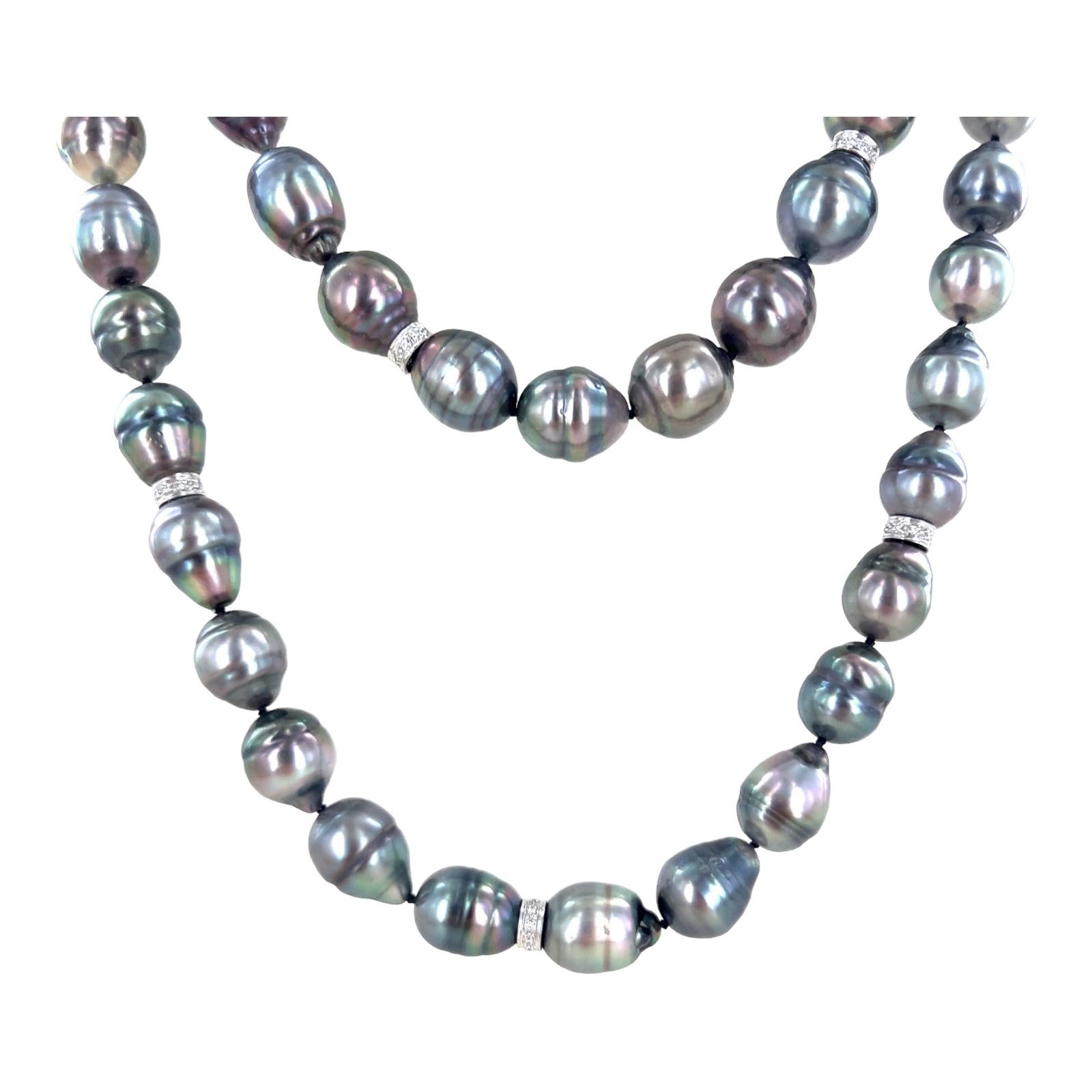 Women's Baroque Black Pearl Diamond 18 Karat White Gold 64 Inch Necklace For Sale