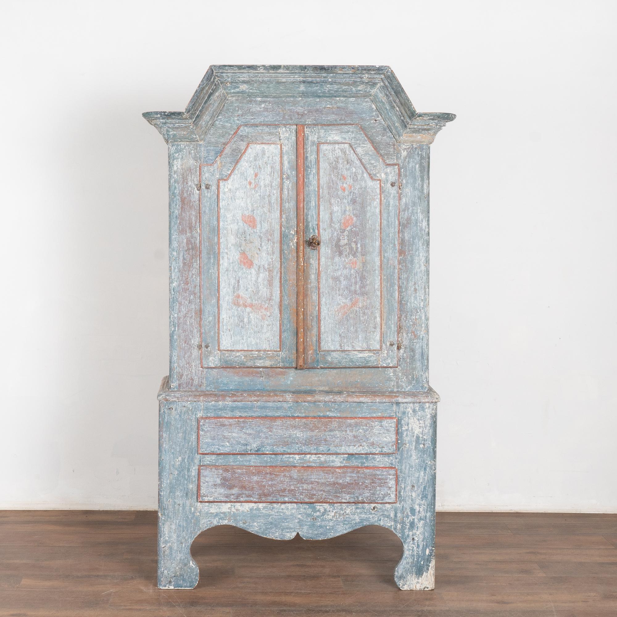 Baroque Blue Painted Pine Cabinet, Sweden circa 1820-40 In Fair Condition For Sale In Round Top, TX